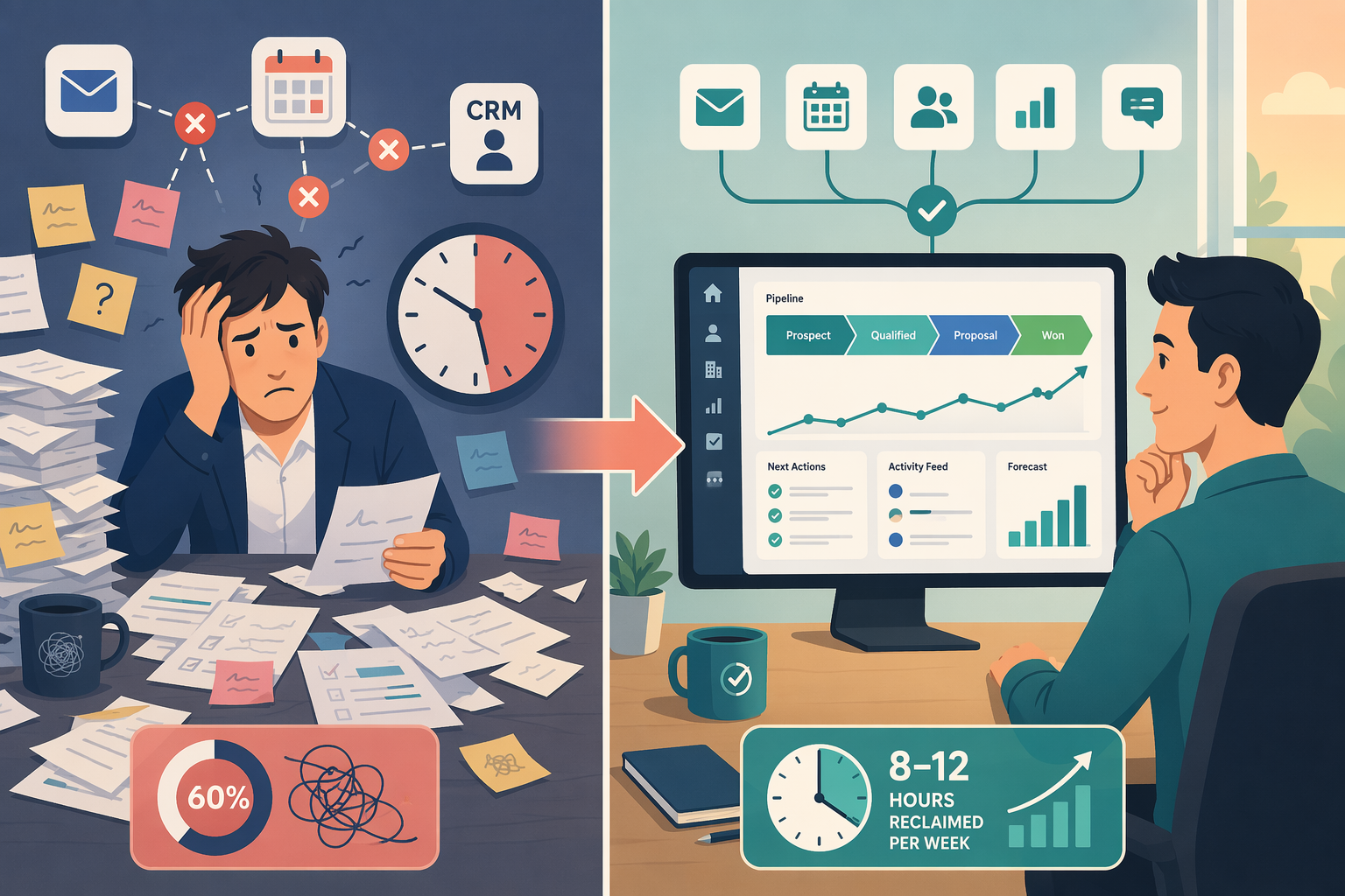 Split-comparison illustration: Left side shows a frazzled sales rep surrounded by scattered papers, sticky notes, and disconnected app icons with a clock face. Right side shows a calm rep viewing a single unified dashboard with connected tool icons and a streamlined pipeline. A central arrow bridges the two scenes.