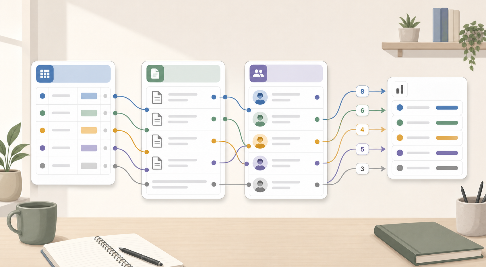Three database panels representing project tracker, meeting notes, and team directory connected by curved lines with a summary panel on the right.