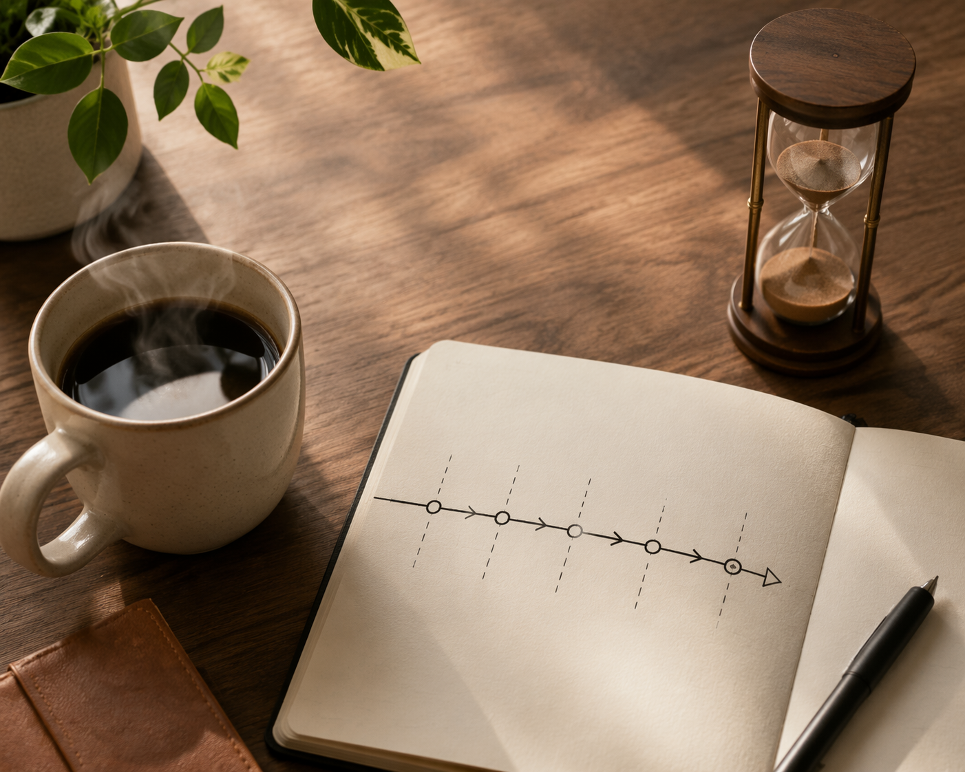 Coffee cup beside an open notebook with timeline arrows and an hourglass on a wooden desk