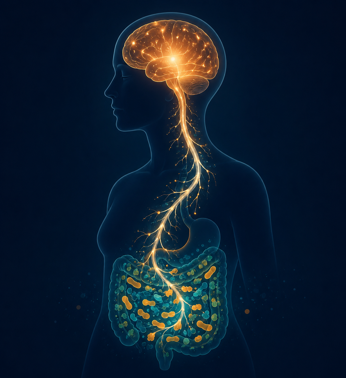 Minimal illustration of the gut-brain axis with bacteria in the gut and a neural pathway to the brain