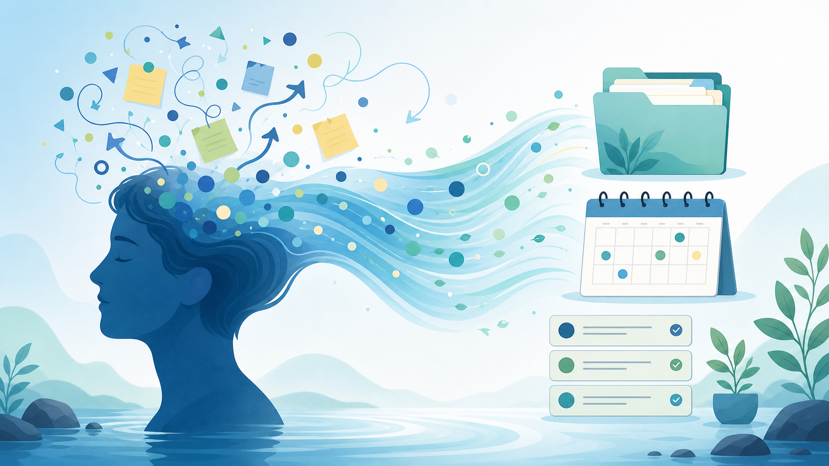 A flat vector illustration showing chaotic thought particles flowing from a human silhouette into organized external containers such as folders, a calendar, and tidy lists.