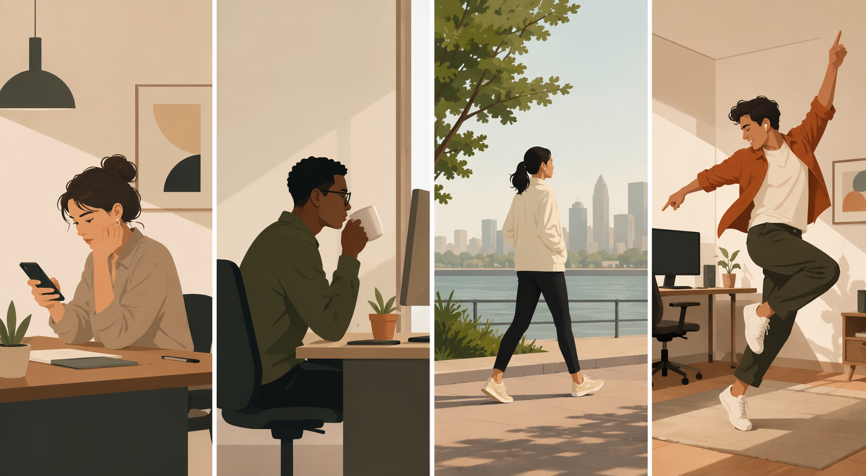 Comparison of scrolling, coffee, walking, and dancing as different mid-workday break choices