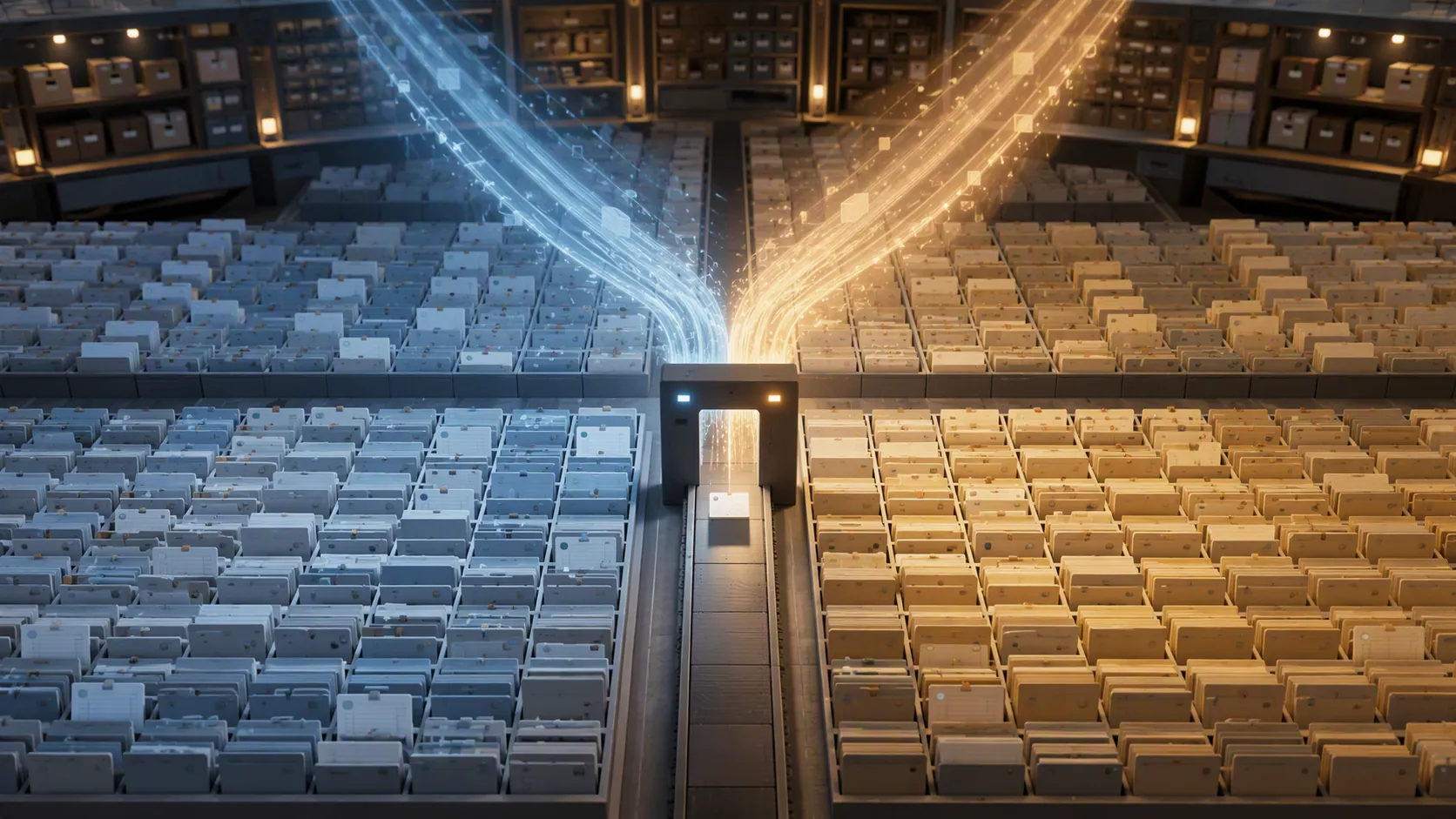 Organized digital archive vault with two streams of light converging at a checkpoint gate before reaching note cards and folders