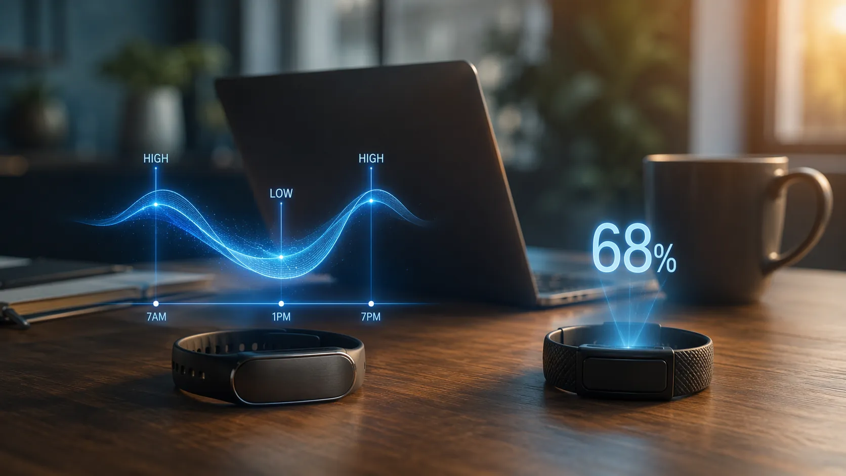 Two fitness bands on a desk comparing a dynamic energy timeline with a static recovery percentage