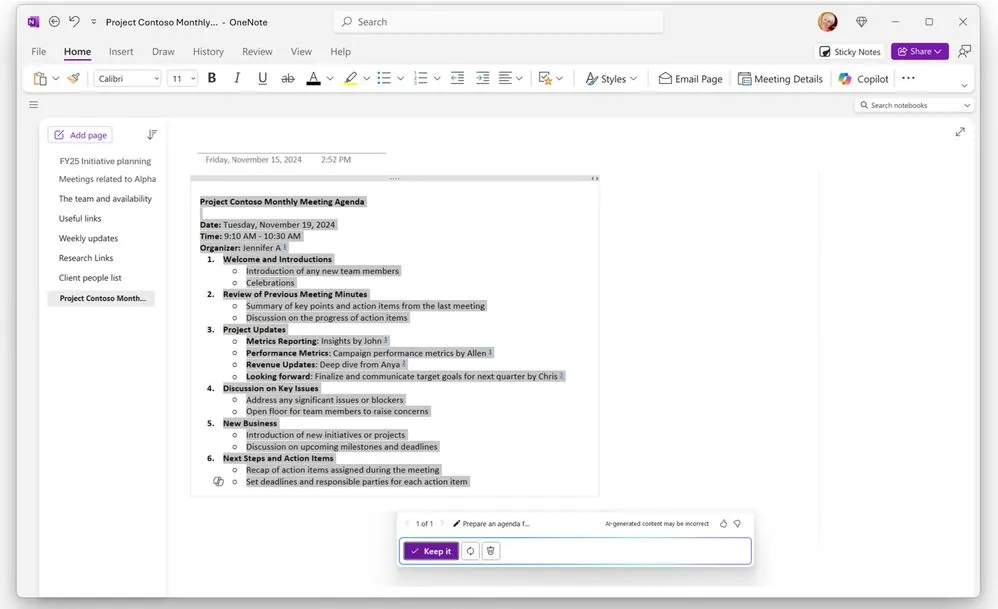 Microsoft OneNote screenshot showing Copilot generating notes on a OneNote page beside the Copilot pane