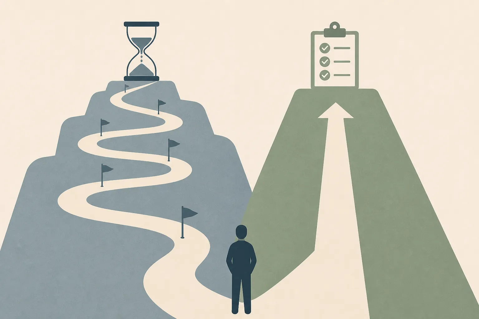 Illustration comparing a winding setup path with an hourglass to a direct path ending at a checklist