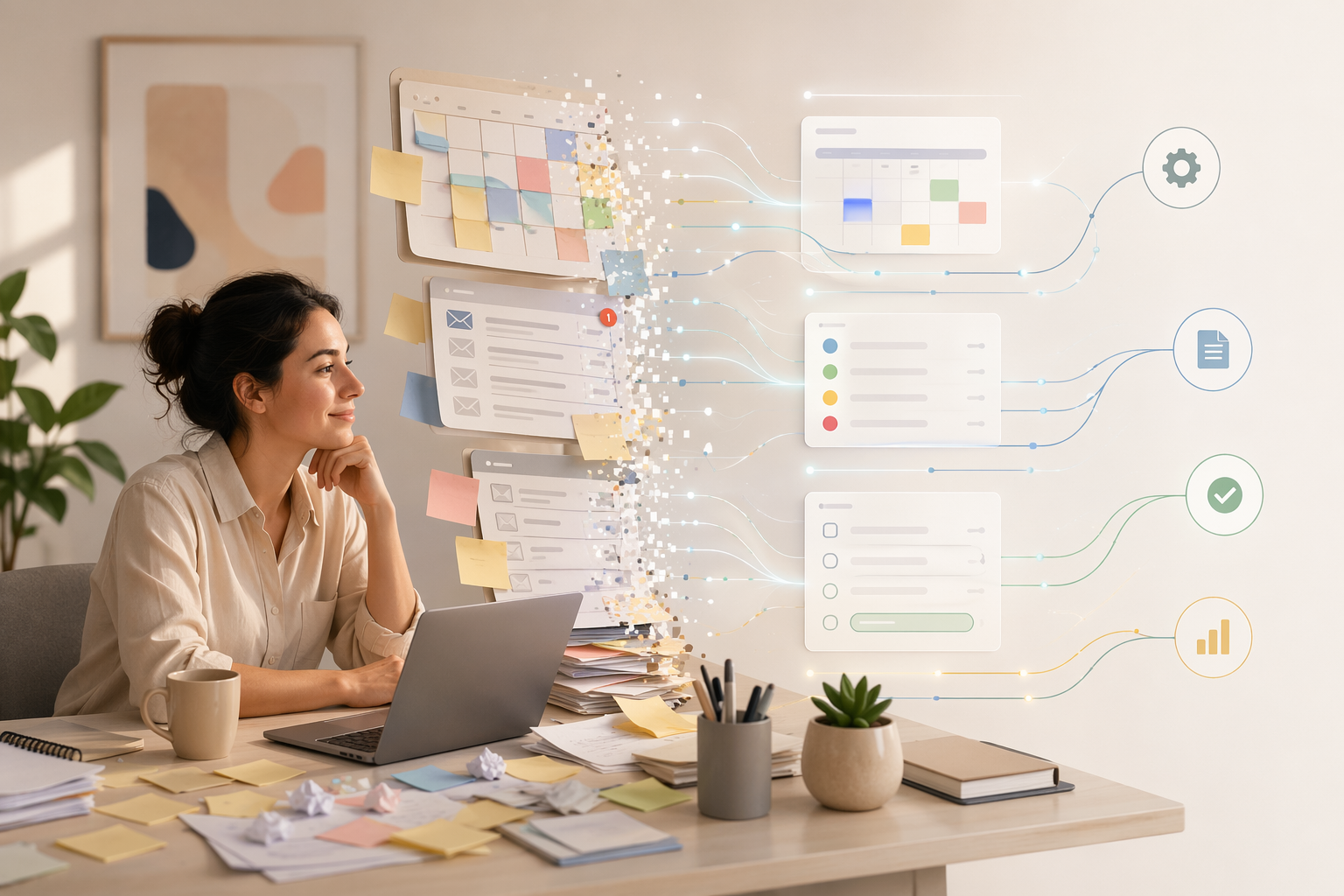 A modern desk scene where scattered admin work dissolves into organized automation flows