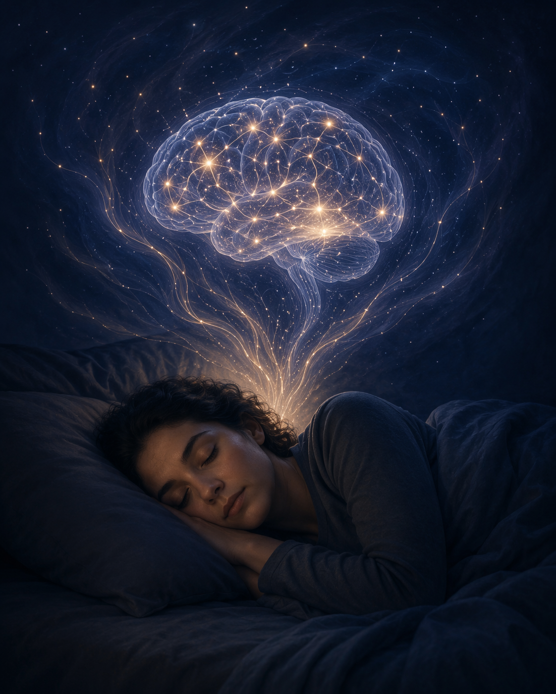 Person sleeping peacefully with a glowing brain showing neural connections and mental recovery