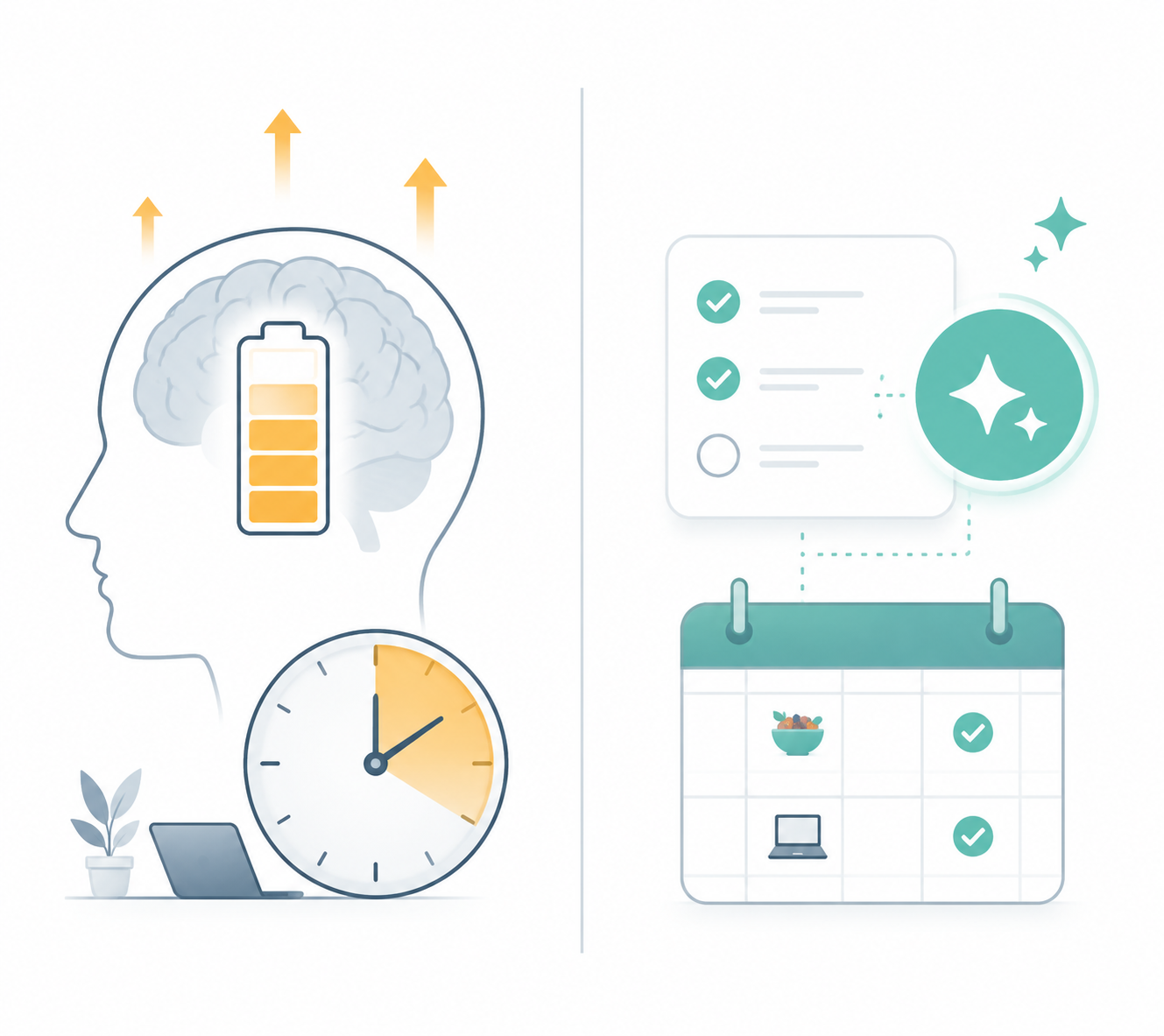 Split diagram comparing energy awareness with AI coaching assistance