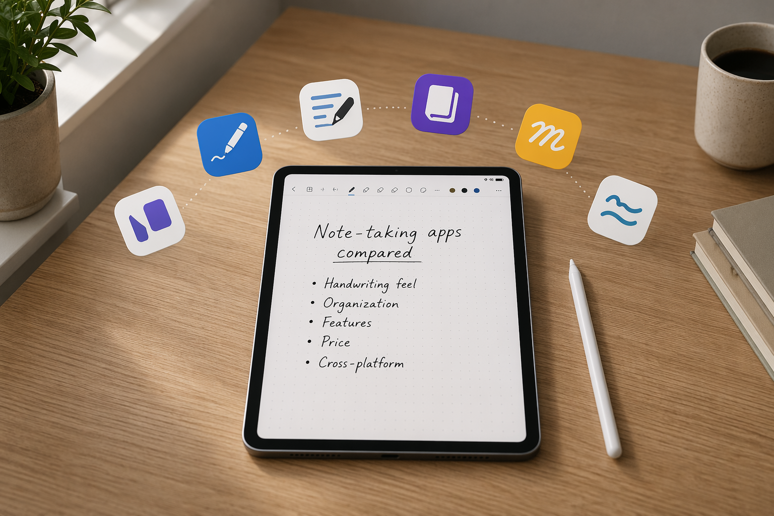 iPad Pro with Apple Pencil and handwritten notes surrounded by abstract app icons