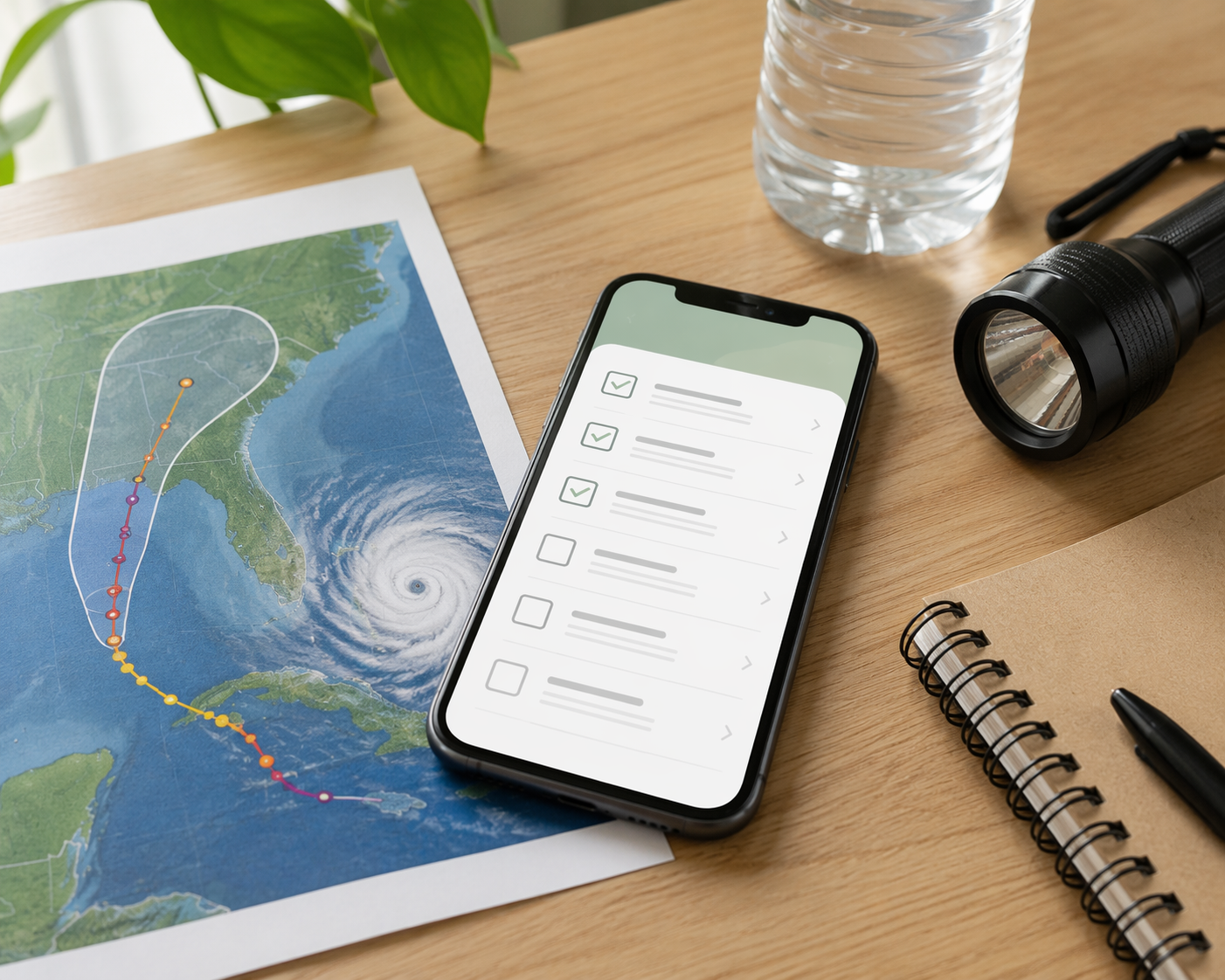 smartphone checklist beside printed hurricane map, flashlight, water, and notebook on a wooden table
