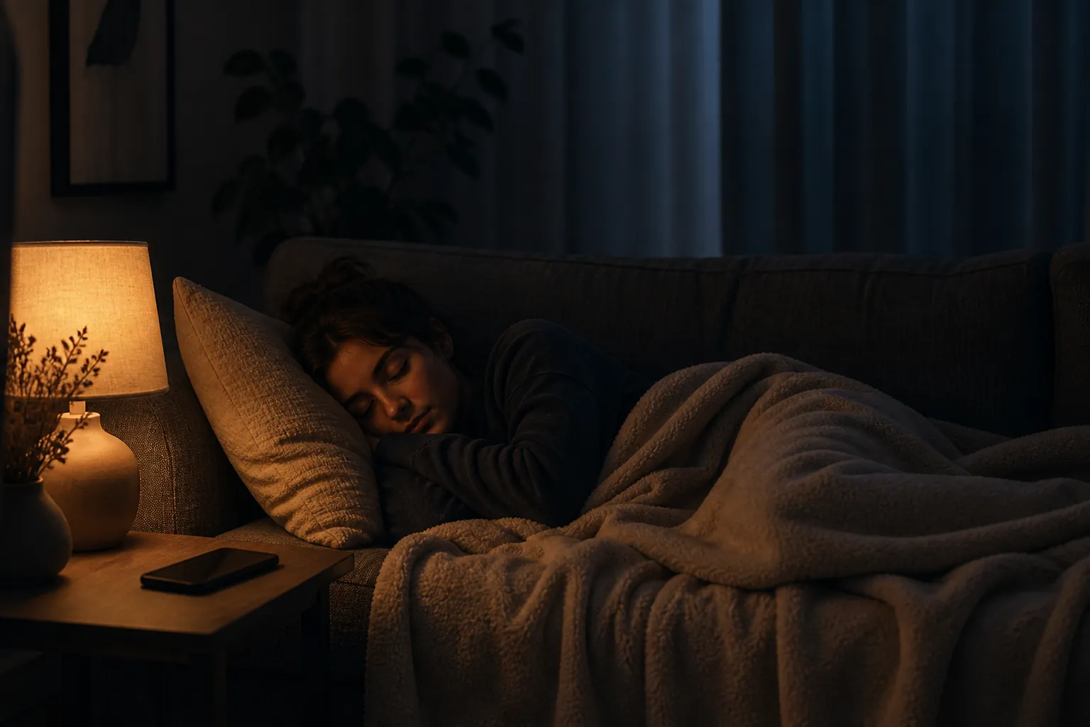 A person lies under a blanket on a couch in a dim living room with a phone face-down on a side table