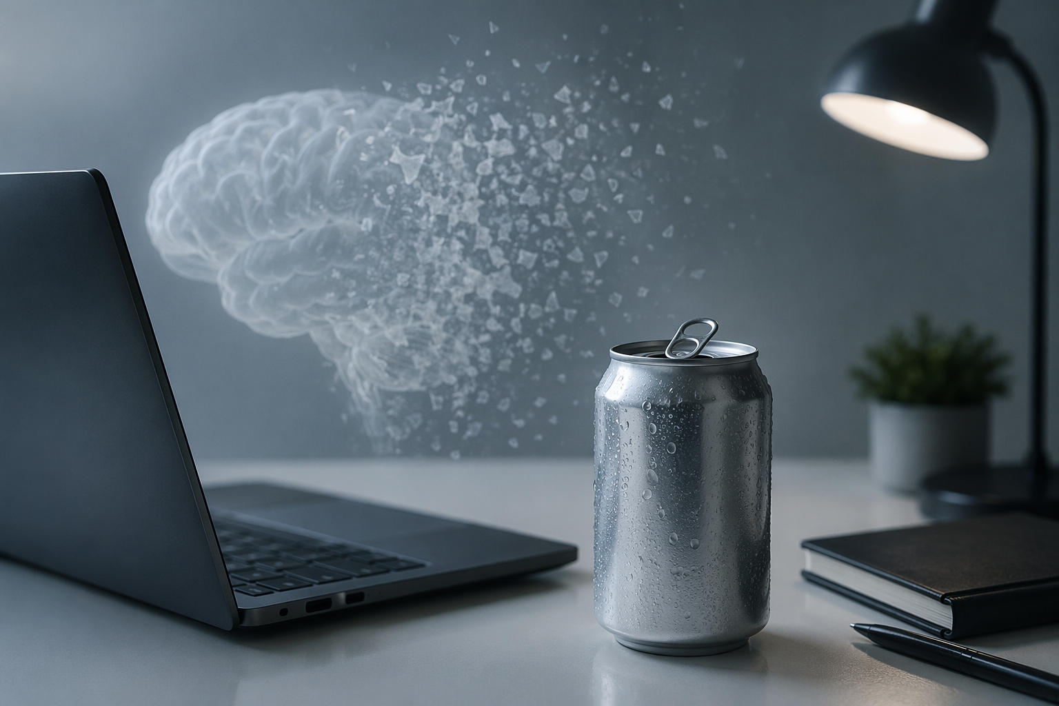 Diet soda can beside a laptop with a fading brain silhouette in the background