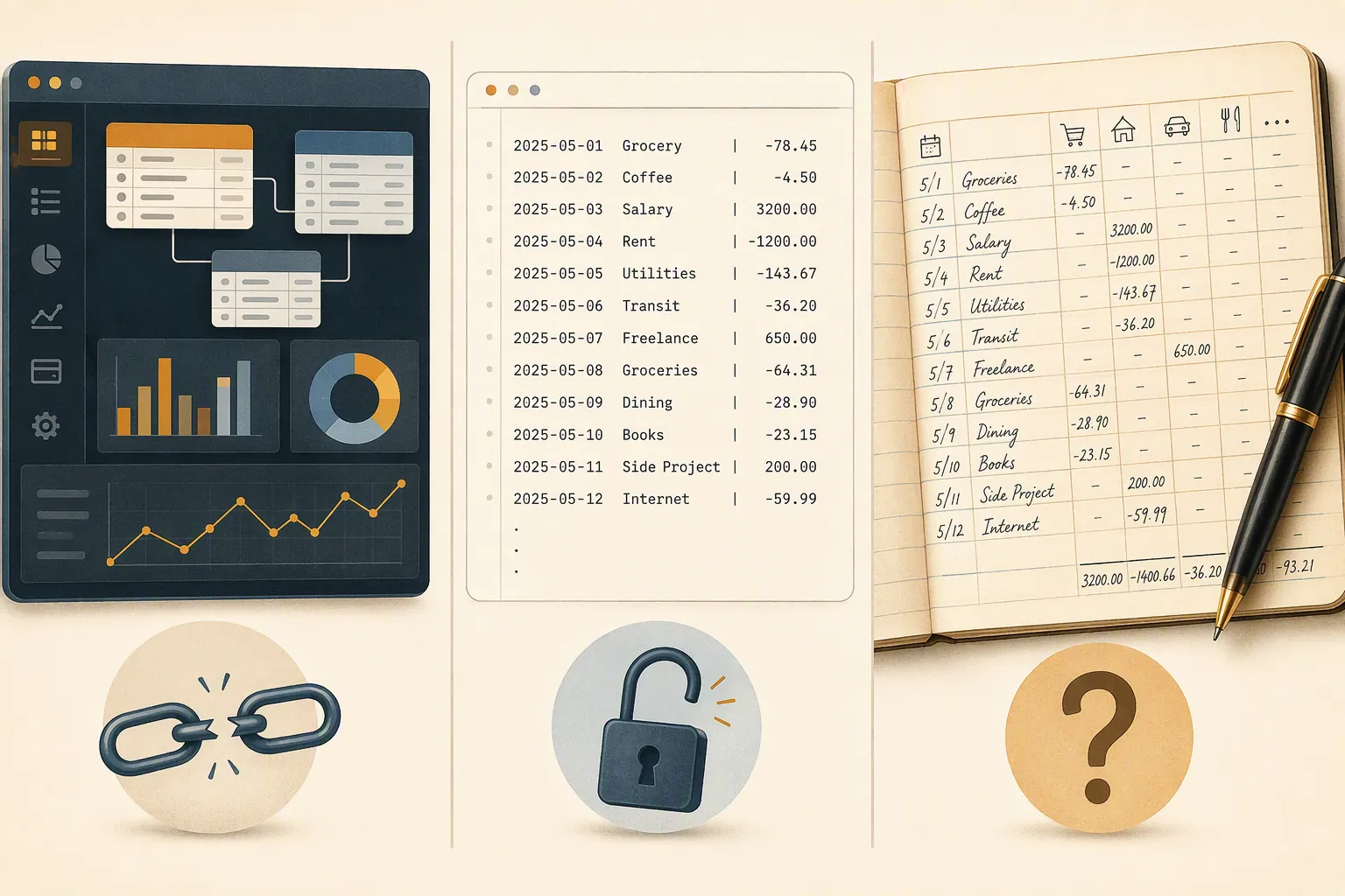 Comparison of a database dashboard, plain text finance notes, and a handwritten ledger