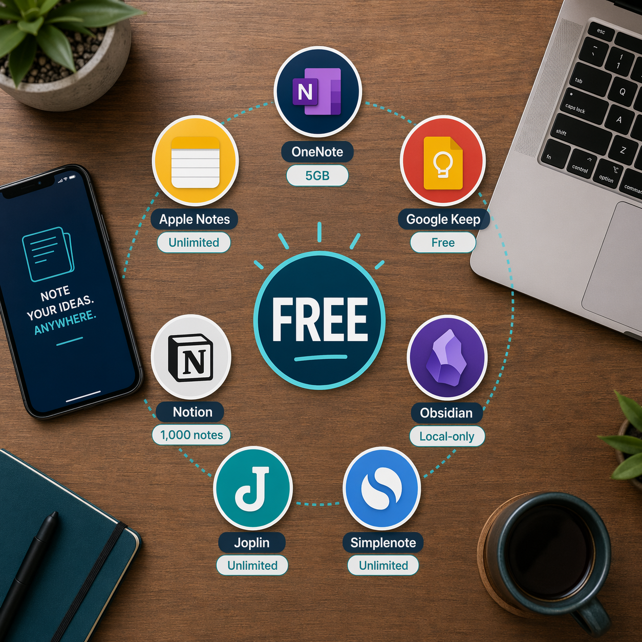 Flat-lay composition of seven note-taking app icons arranged around a central FREE badge, each labeled with a free-tier limit like 5GB, Unlimited, or Local-only.