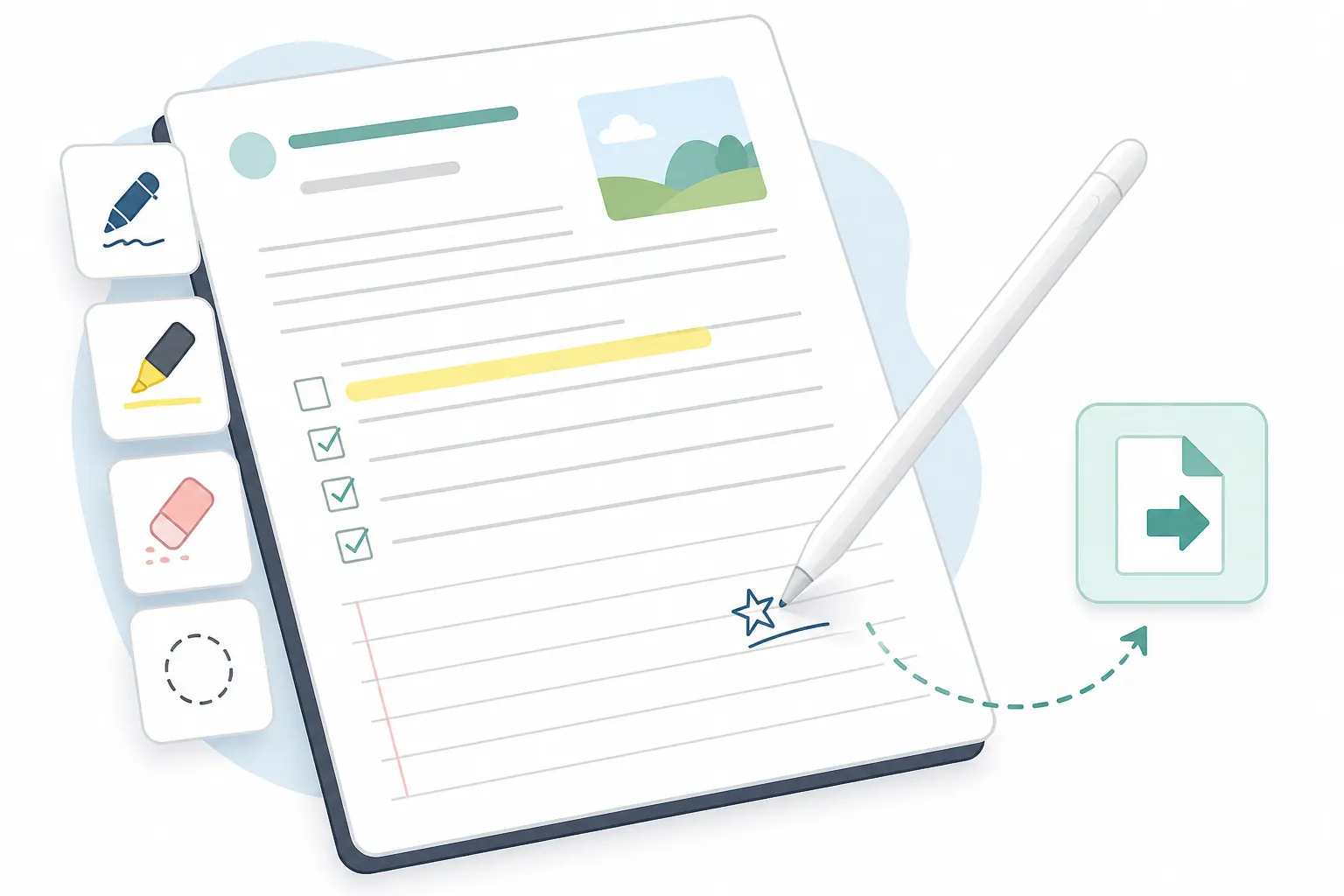 Stylus annotating a school handout with highlights, handwritten marks, and export icons