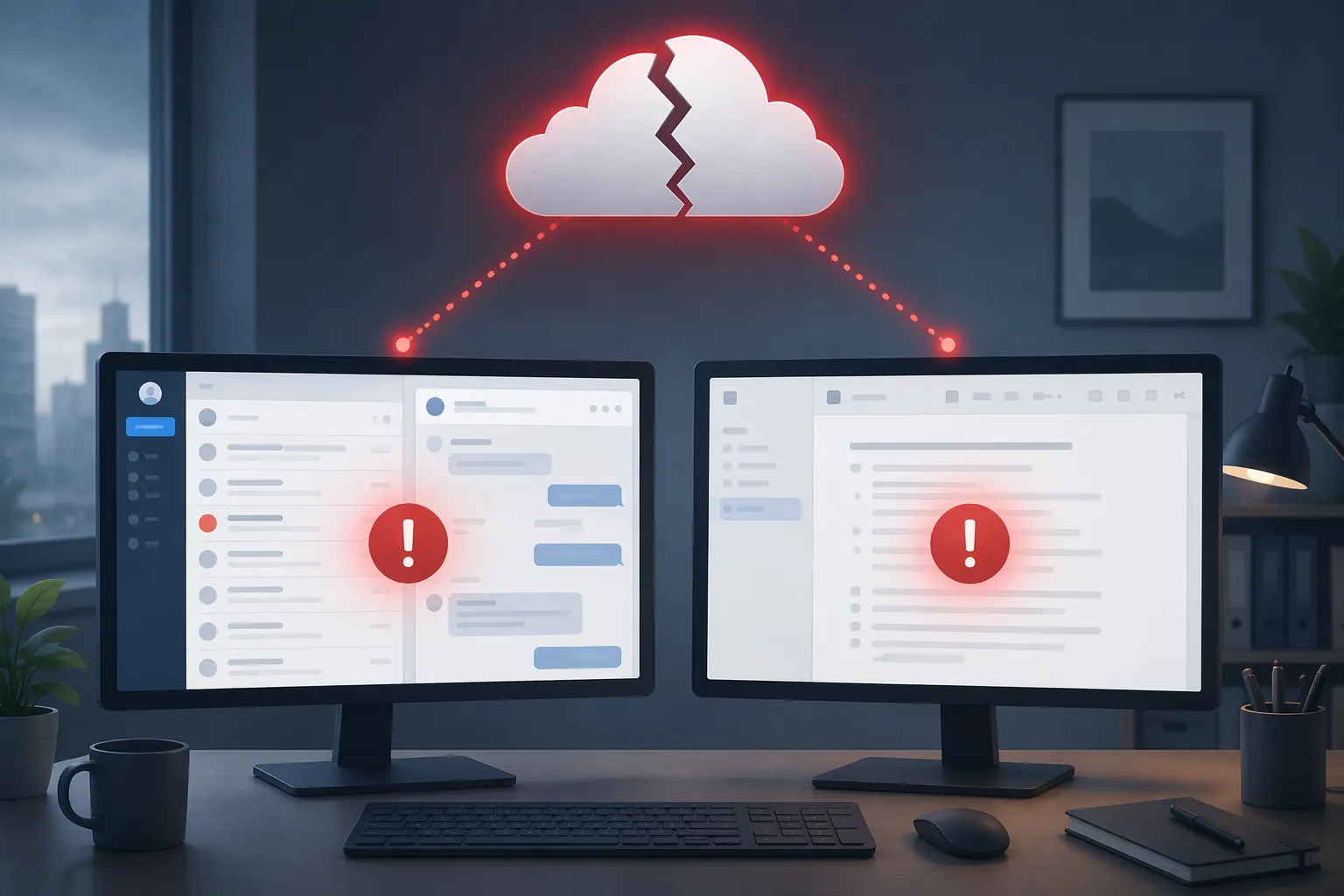 Two monitors show email, chat, and notes affected by a shared cloud dependency failure