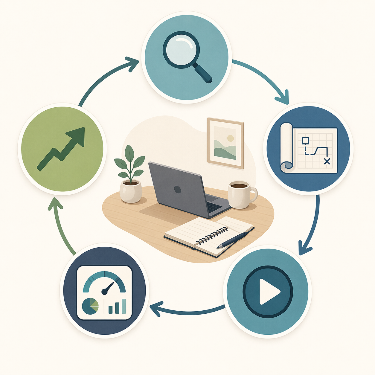 A circular diagram showing five phases: Analyze, Model, Execute, Monitor, Optimize, connected by arrows around a desk scene with a laptop, notebook, and coffee cup.