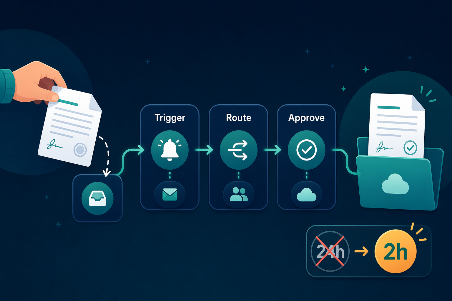 A flat vector illustration: a hand drags a document into a starting node, it passes through three connected nodes labeled Trigger, Route, and Approve with bell, checkmark, and cloud icons, and the finalized document lands in a folder with a badge showing 24h crossed out and replaced with 2h, against a navy and teal background with amber accents.