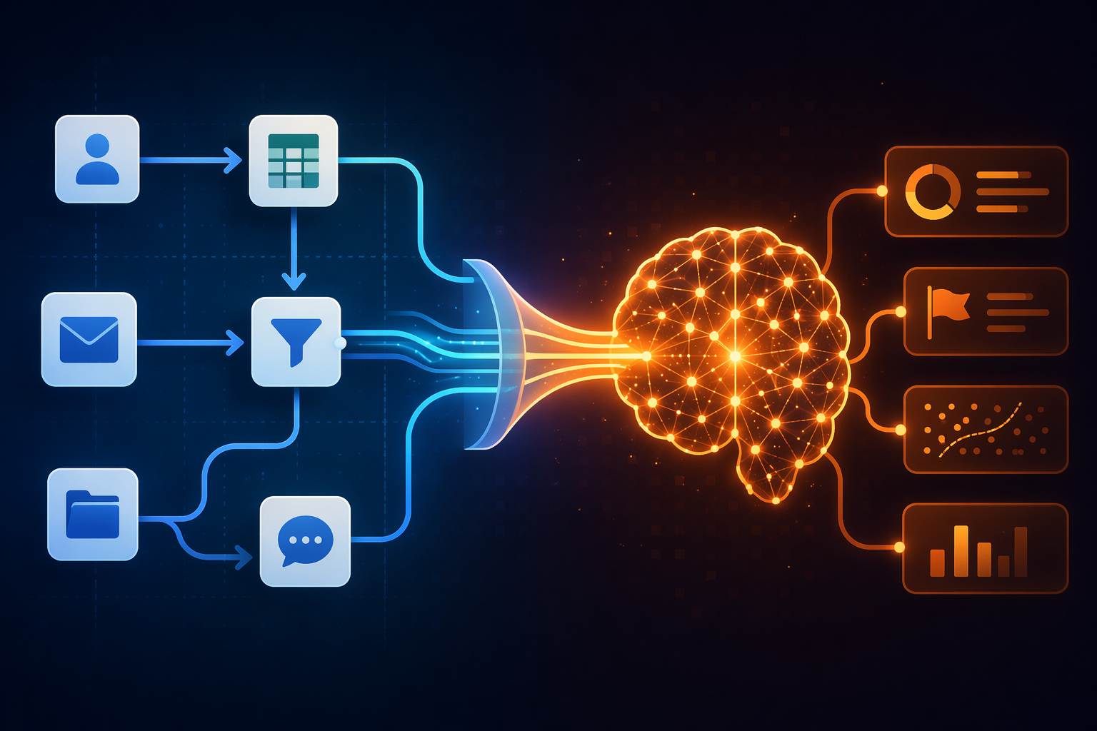 Editorial illustration showing no-code workflow automation feeding into a machine learning prediction model that outputs scores and decisions