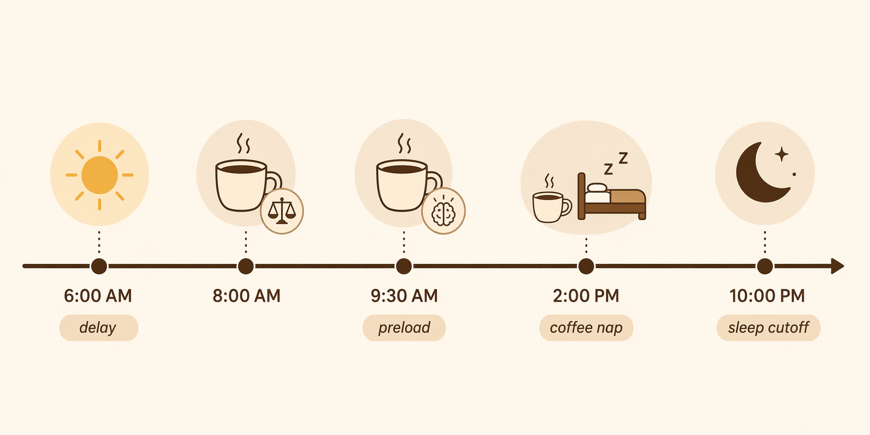 Daily coffee timing timeline from morning delay through preload, coffee nap, and sleep cutoff