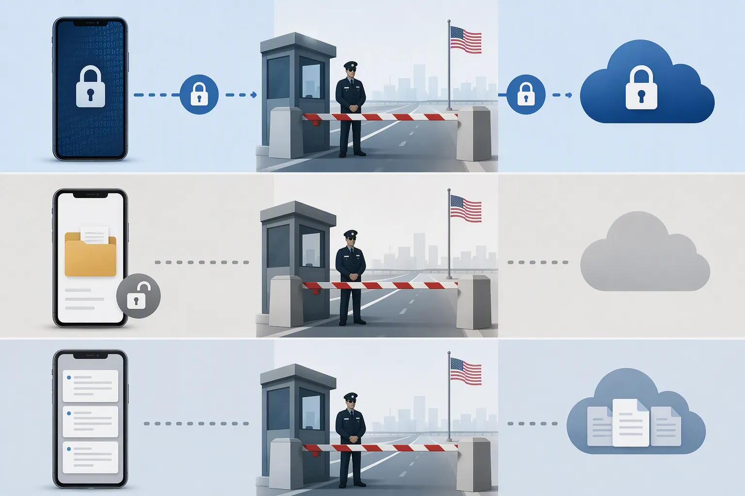 Three-tier illustration of note app privacy models: end-to-end encrypted, local-first, and cloud-dependent cached notes