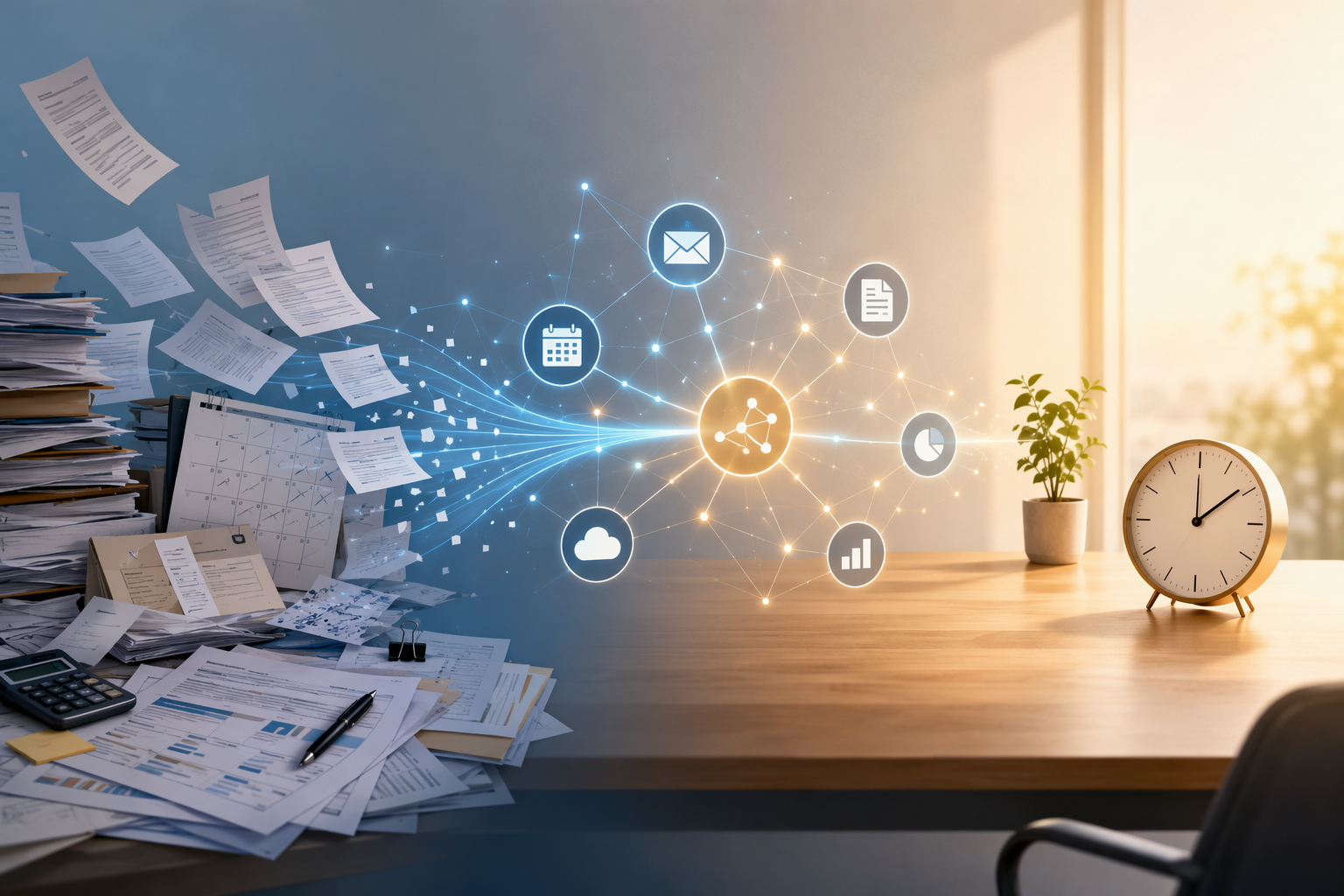 Compliance paperwork flowing from a cluttered desk into connected workflow nodes and ending at a clear desk