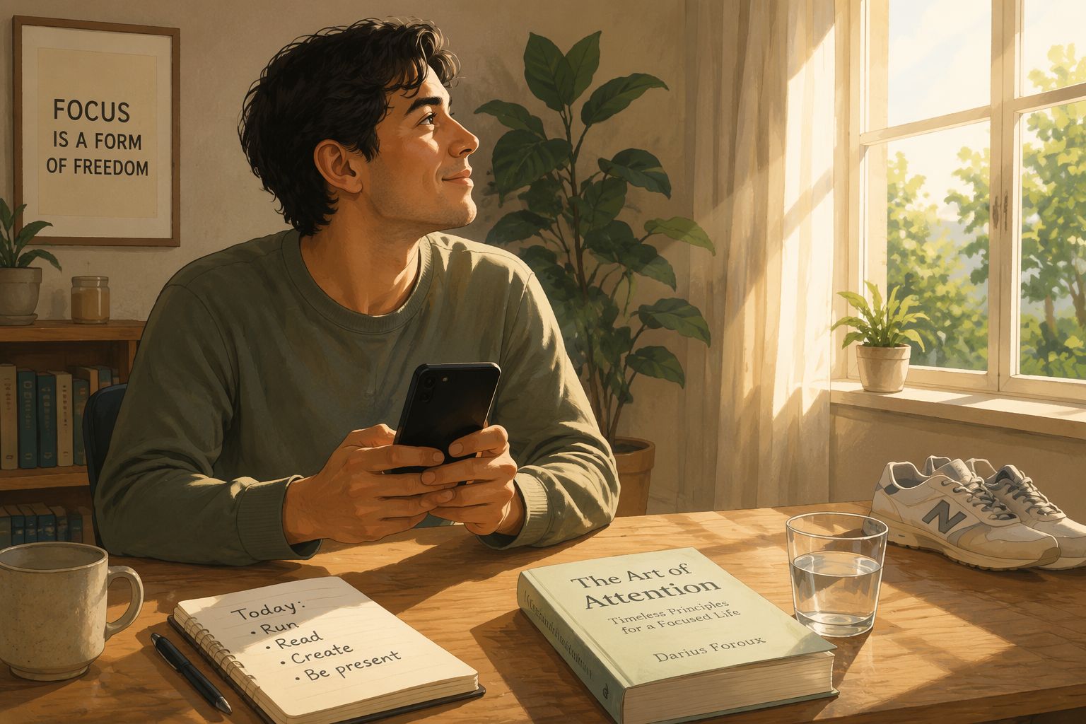 Person at a sunlit desk looking away from a smartphone with a blank screen beside a notebook, book, water glass, and sneakers