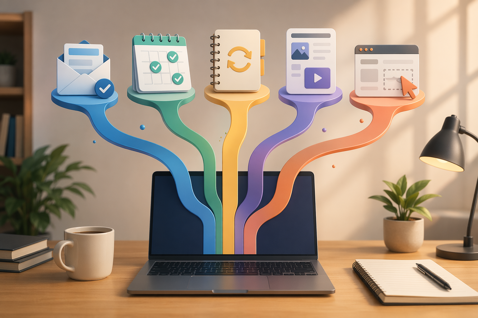 Knowledge worker desk with workflow streams leading to email, calendar, notes, publishing, and browser automation tasks