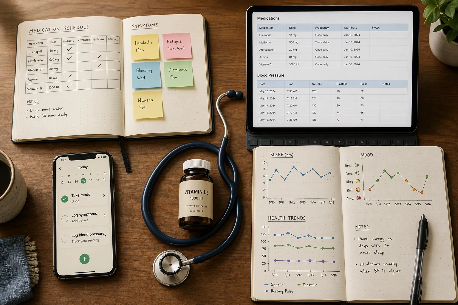 Desk with medication schedule, health database, checklist phone, and hand-drawn sleep and mood charts