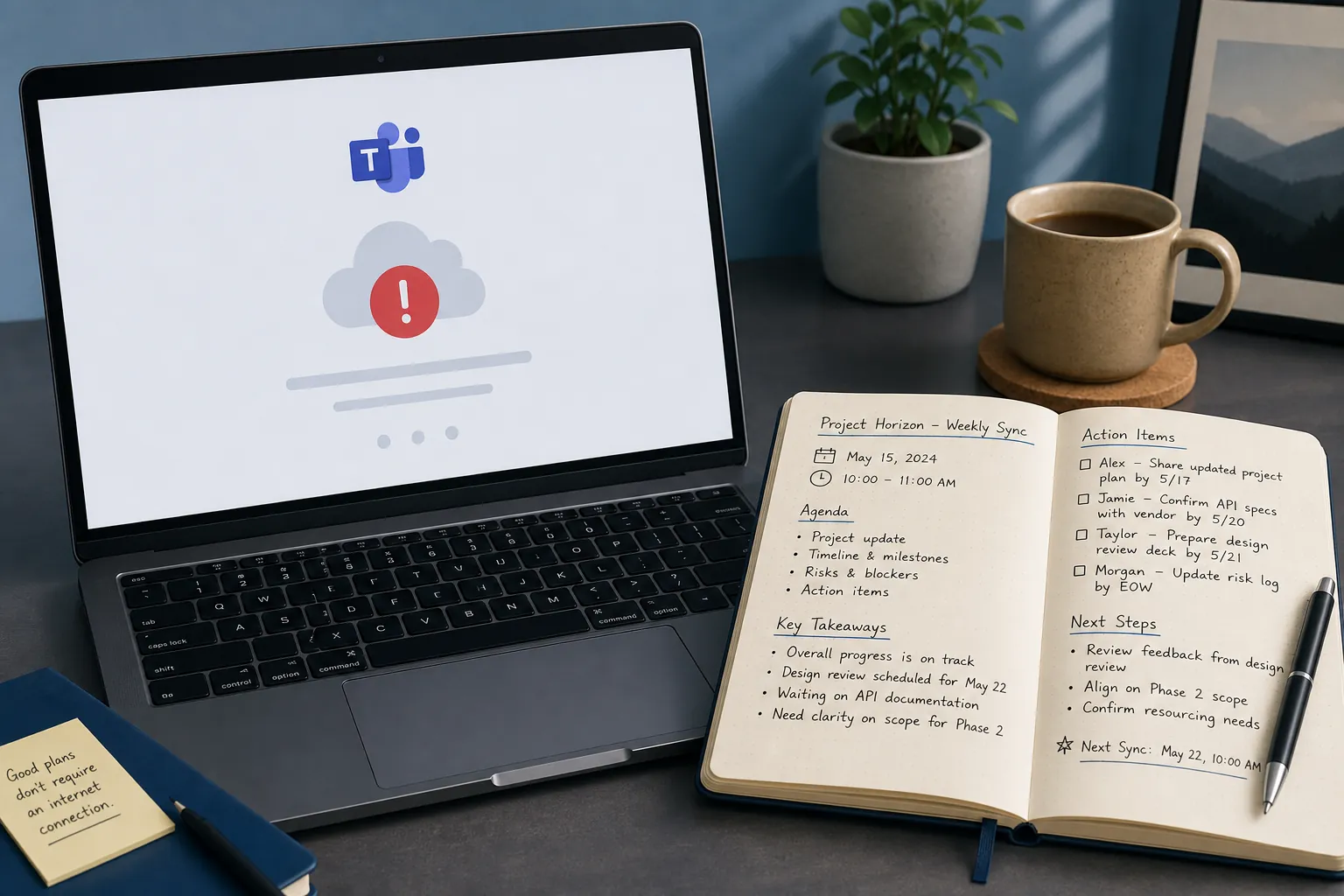 Laptop showing a Teams outage beside a notebook with handwritten meeting notes