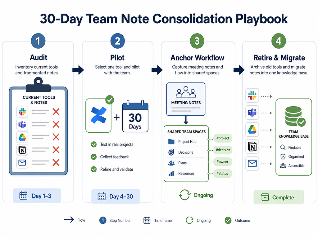 A flat vector 4-step horizontal timeline illustration titled '30-Day Team Note Consolidation Playbook' showing Step 1 Audit with a clipboard crossing out app icons, Step 2 Pilot with a highlighted app and 30-day calendar, Step 3 Anchor Workflow with meeting notes flowing into tagged team spaces, and Step 4 Retire & Migrate with old tools archiving into a single knowledge base.