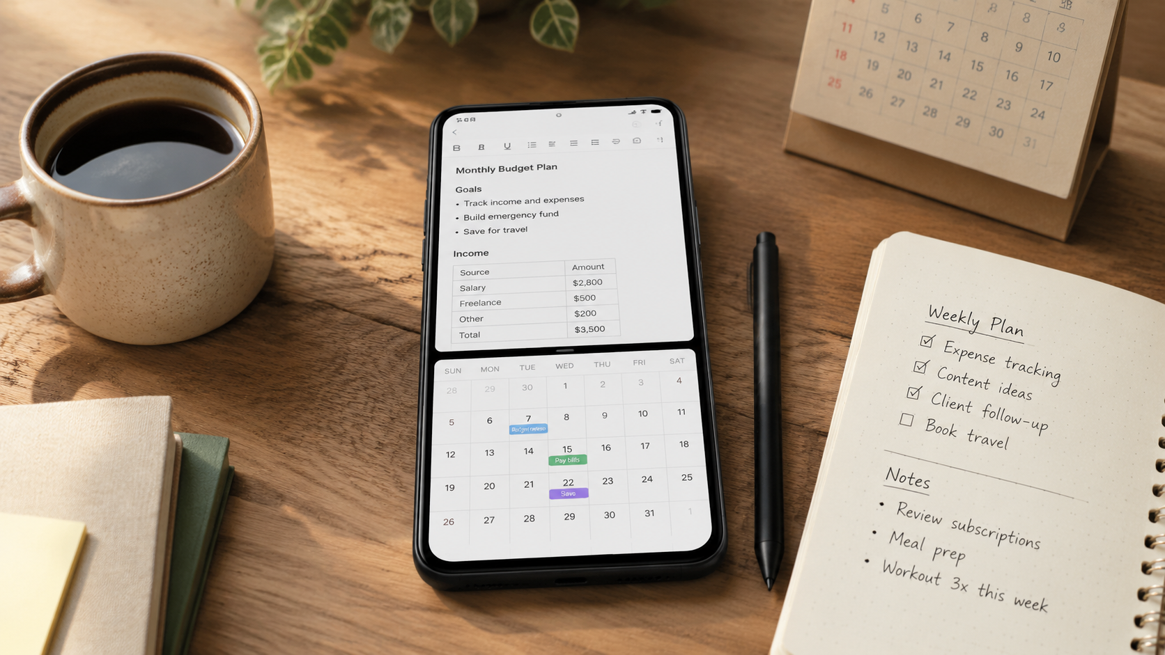 Smartphone showing split-screen document editing and calendar work on a desk with stylus, notebook, calendar, and coffee