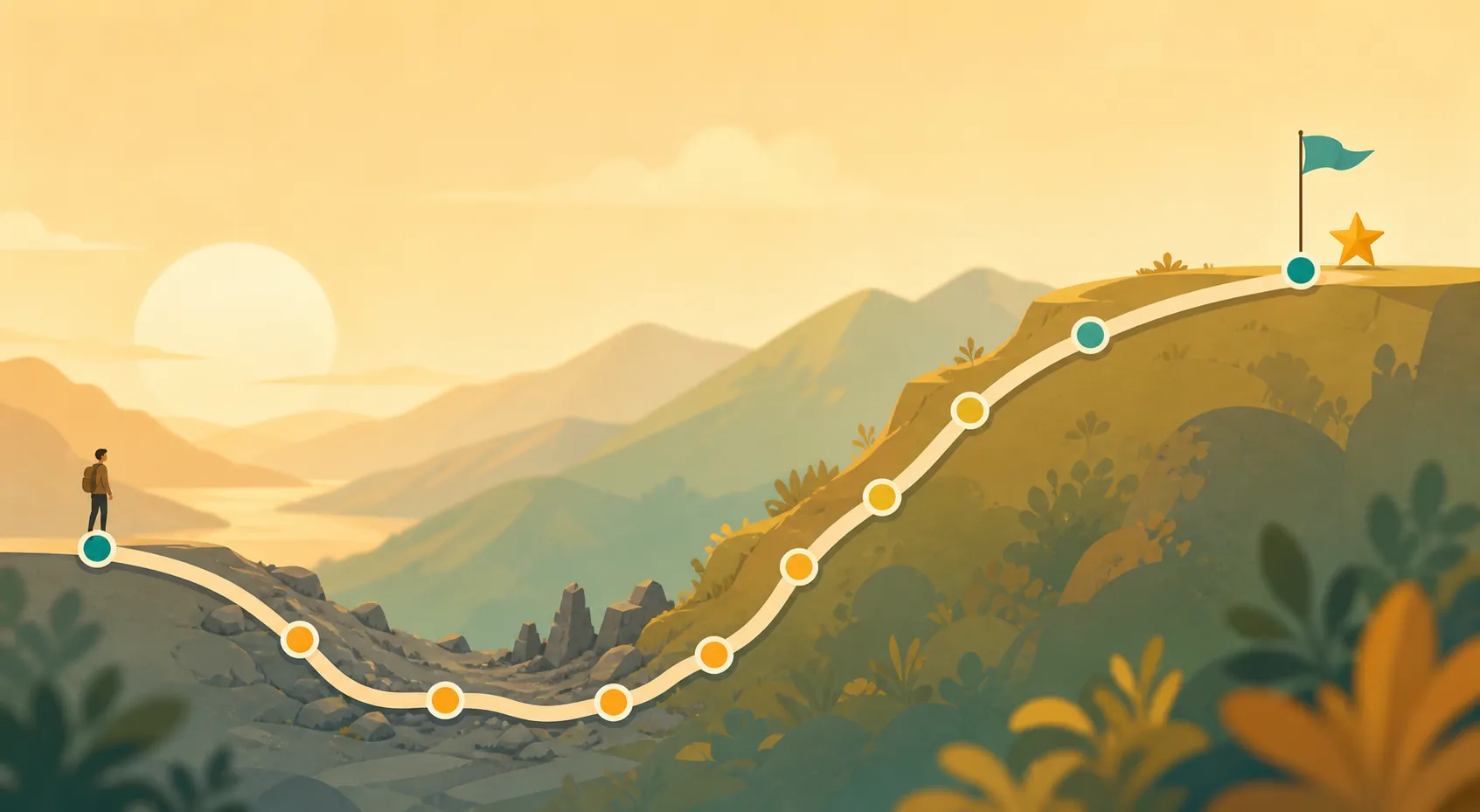 Winding path through an early rocky plateau toward a stable habit milestone
