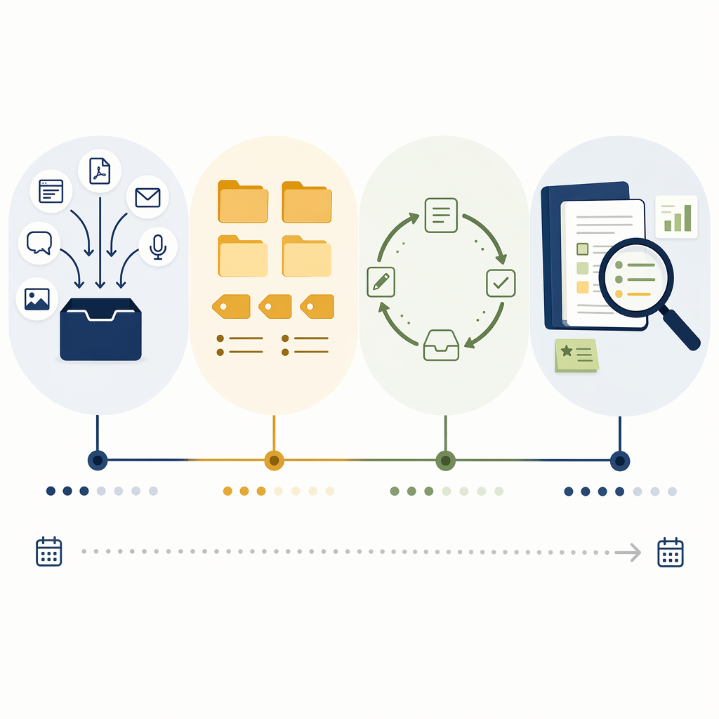 Four-phase 30-day PKM setup timeline from capture volume to weekly review