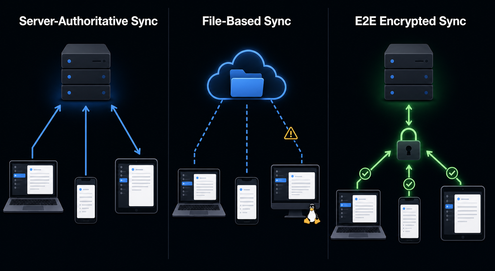 Three-column illustration comparing server-authoritative sync (solid blue arrows through a central server), file-based sync (dashed lines to a cloud folder with a warning icon for conflict files), and E2E encrypted sync (padlock and green checkmarks between devices and server).