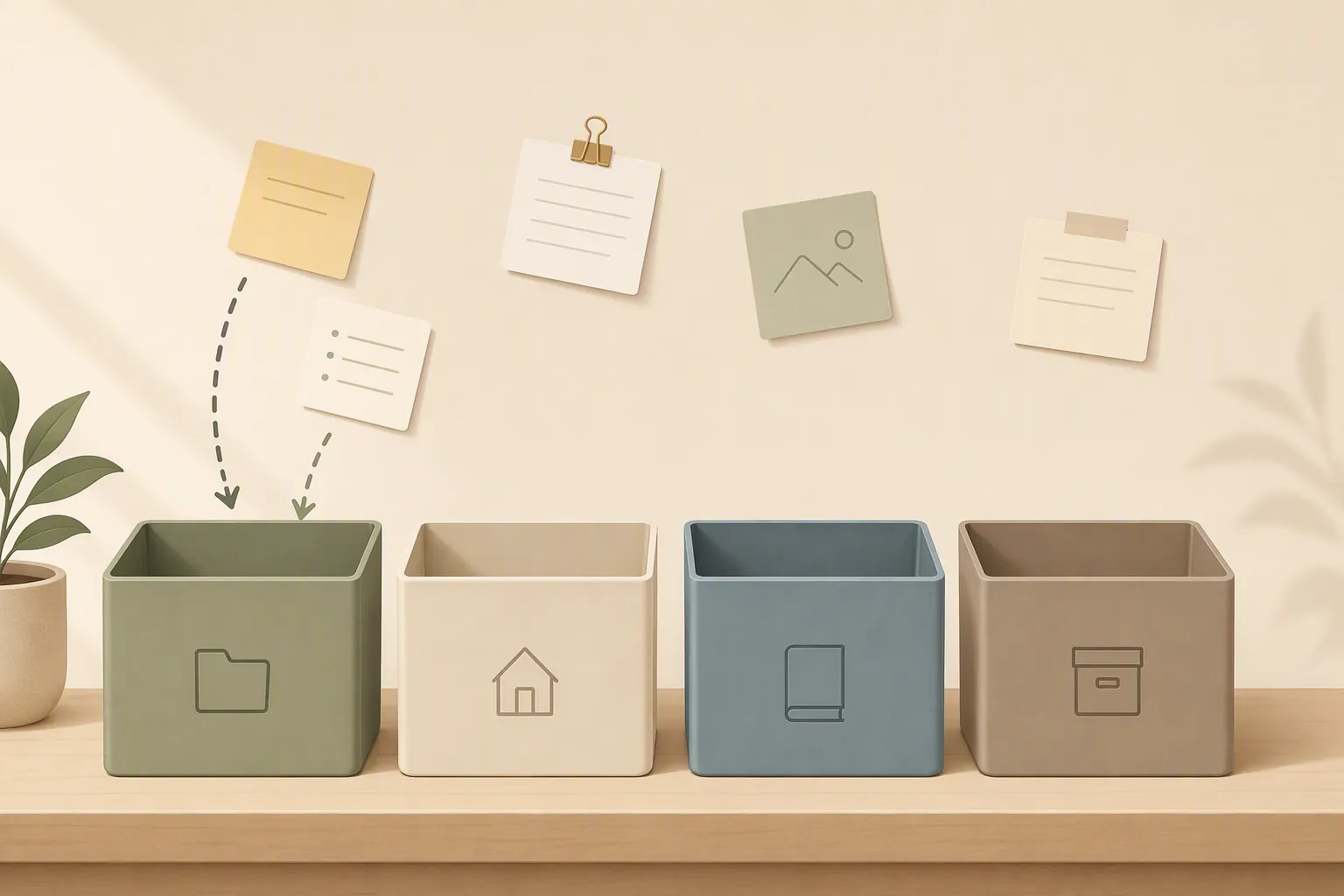 Four minimalist containers labeled Projects, Areas, Resources, and Archives with one note entering Projects while other notes remain unsorted