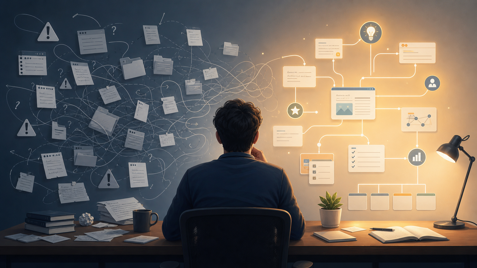 An editorial illustration showing a person at a desk with chaotic floating digital notes on one side transitioning to connected nodes and organized structure on the other side.