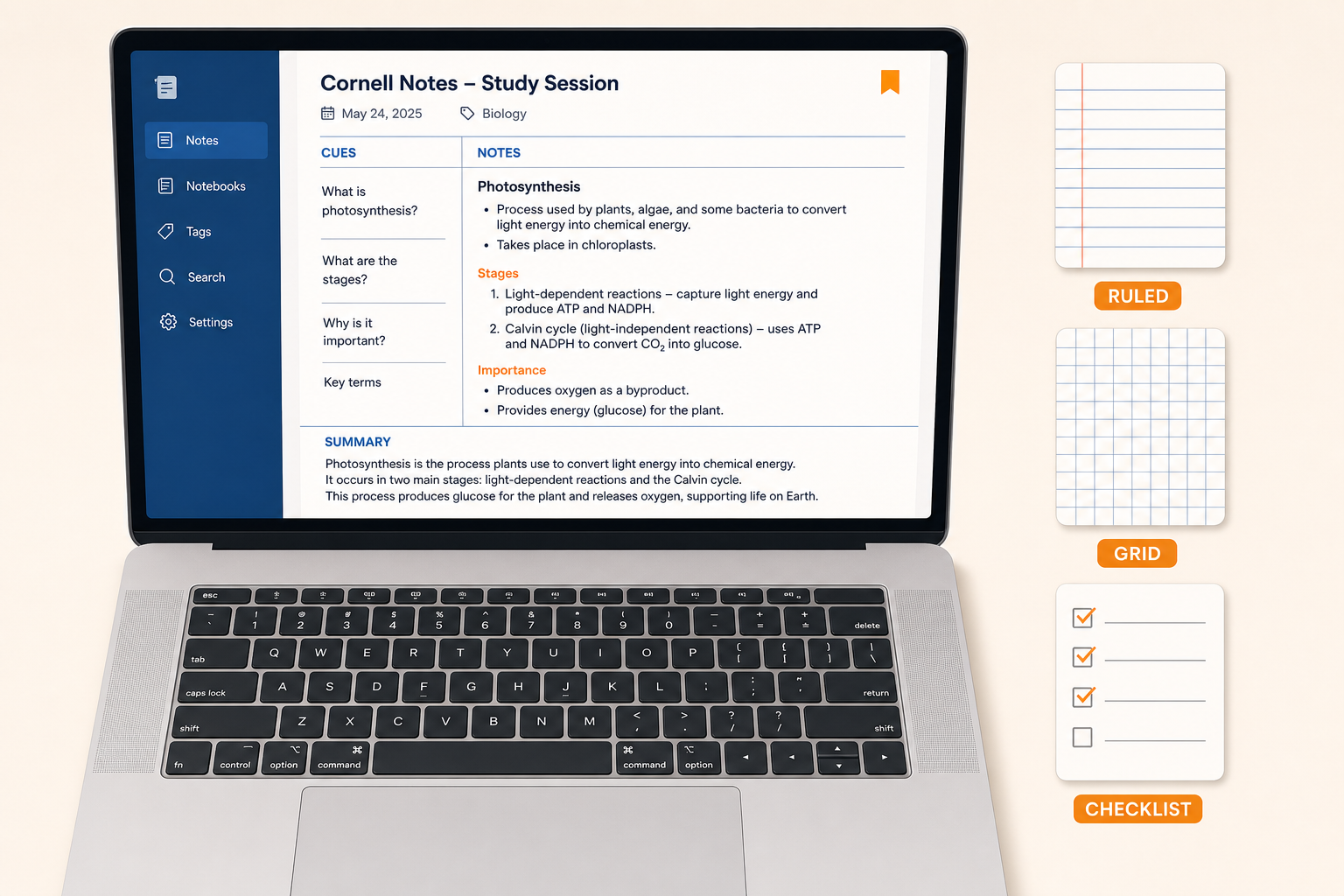A clean flat-lay illustration of a modern open laptop displaying a structured Cornell-method note template in a generic note-taking app interface, with template icons beside it.