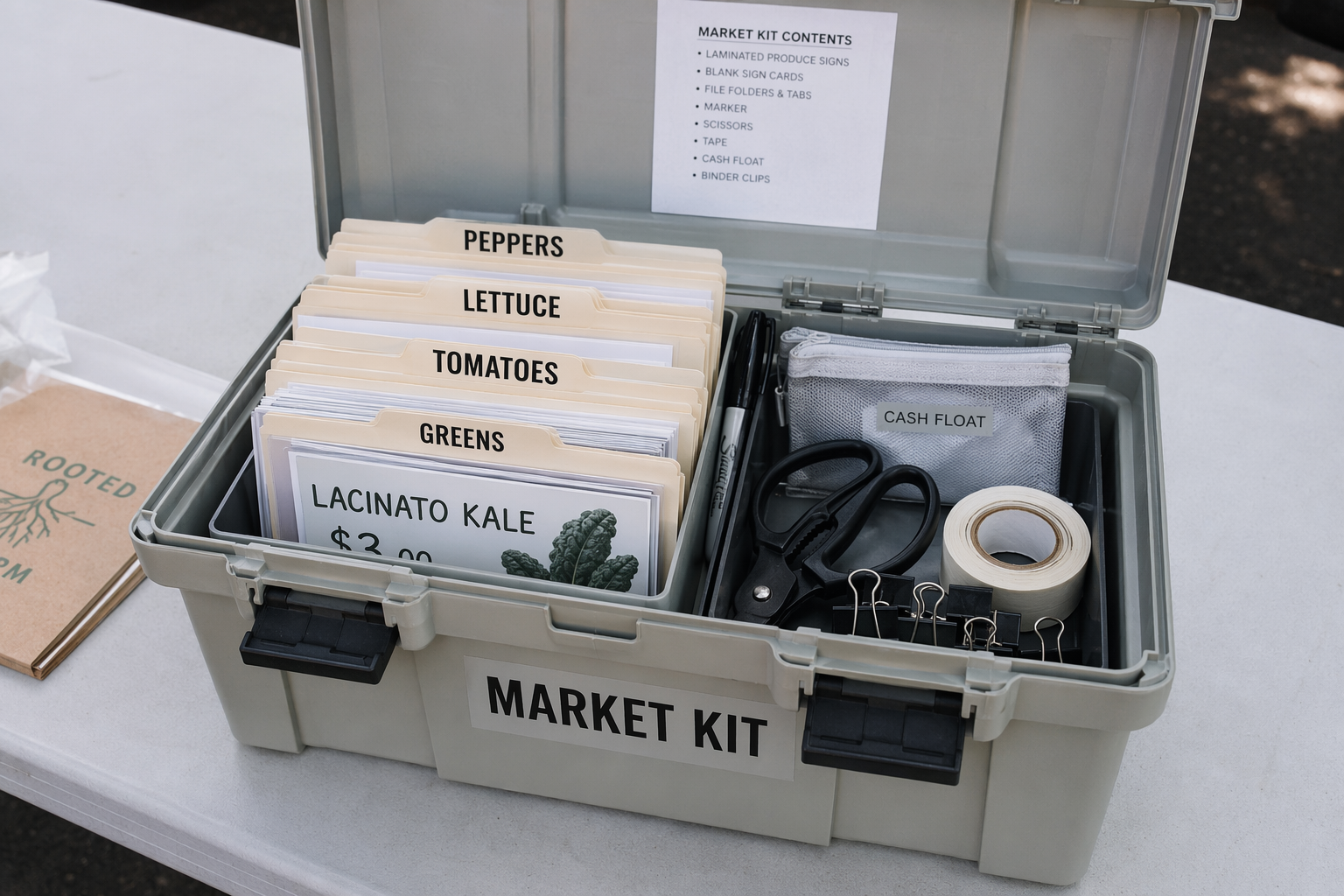 Open plastic market kit with tabbed folders labeled peppers, lettuce, tomatoes, and greens, plus laminated signs, marker, scissors, tape, cash pouch, and binder clips