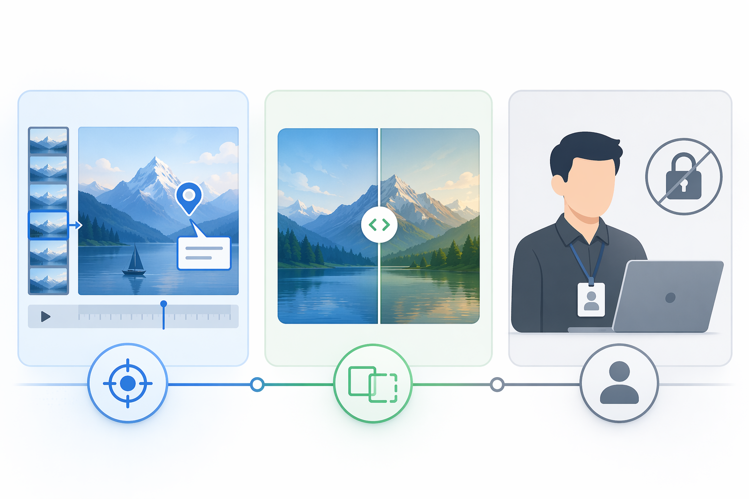 Three creative approval capabilities: frame-accurate annotation, version comparison, and external reviewer access