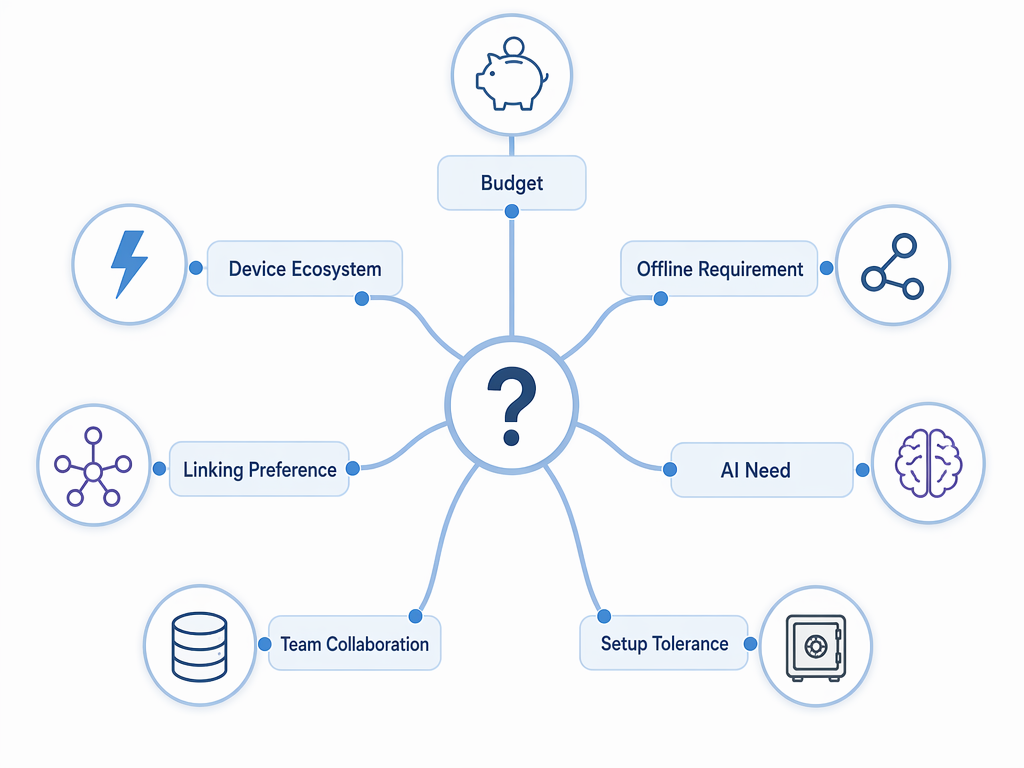 Decision flowchart with branches for budget, device ecosystem, offline requirement, linking preference, AI need, team collaboration, and setup tolerance