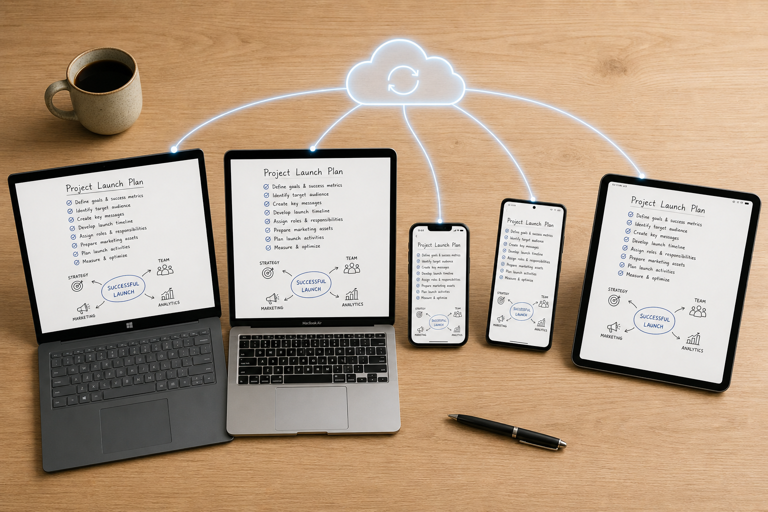 Five devices arranged in a semicircle on a light oak desk, all displaying the same checklist note on their screens, connected by glowing blue lines to a cloud icon overhead, with a coffee mug and pen as minimal props.