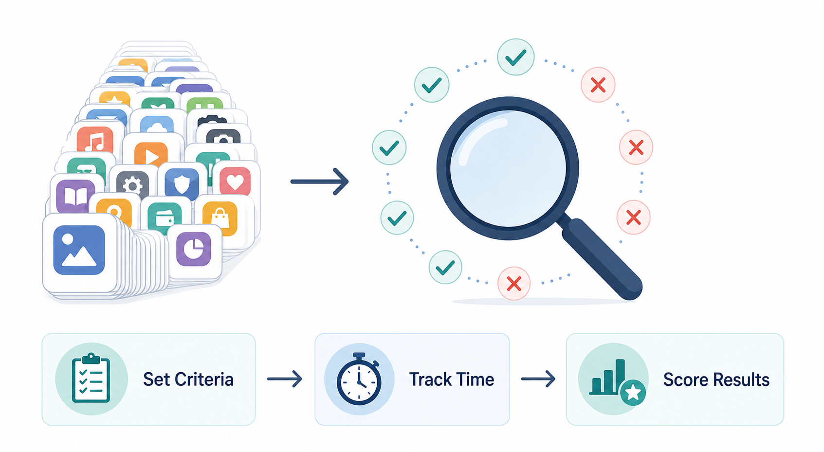 A flat vector process diagram showing a methodology workflow: 50+ app icons feed into a magnifying glass with checkmarks and X marks, below which three stages are labeled: Set Criteria, Track Time, Score Results.