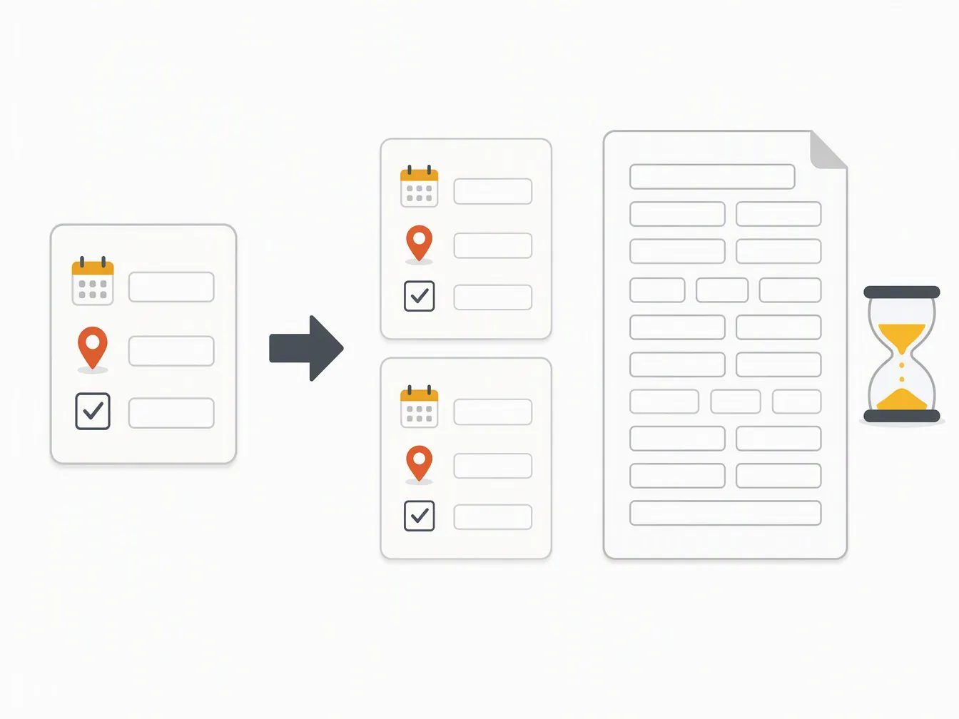 Illustration showing quick template duplication followed by longer manual itinerary fill-in