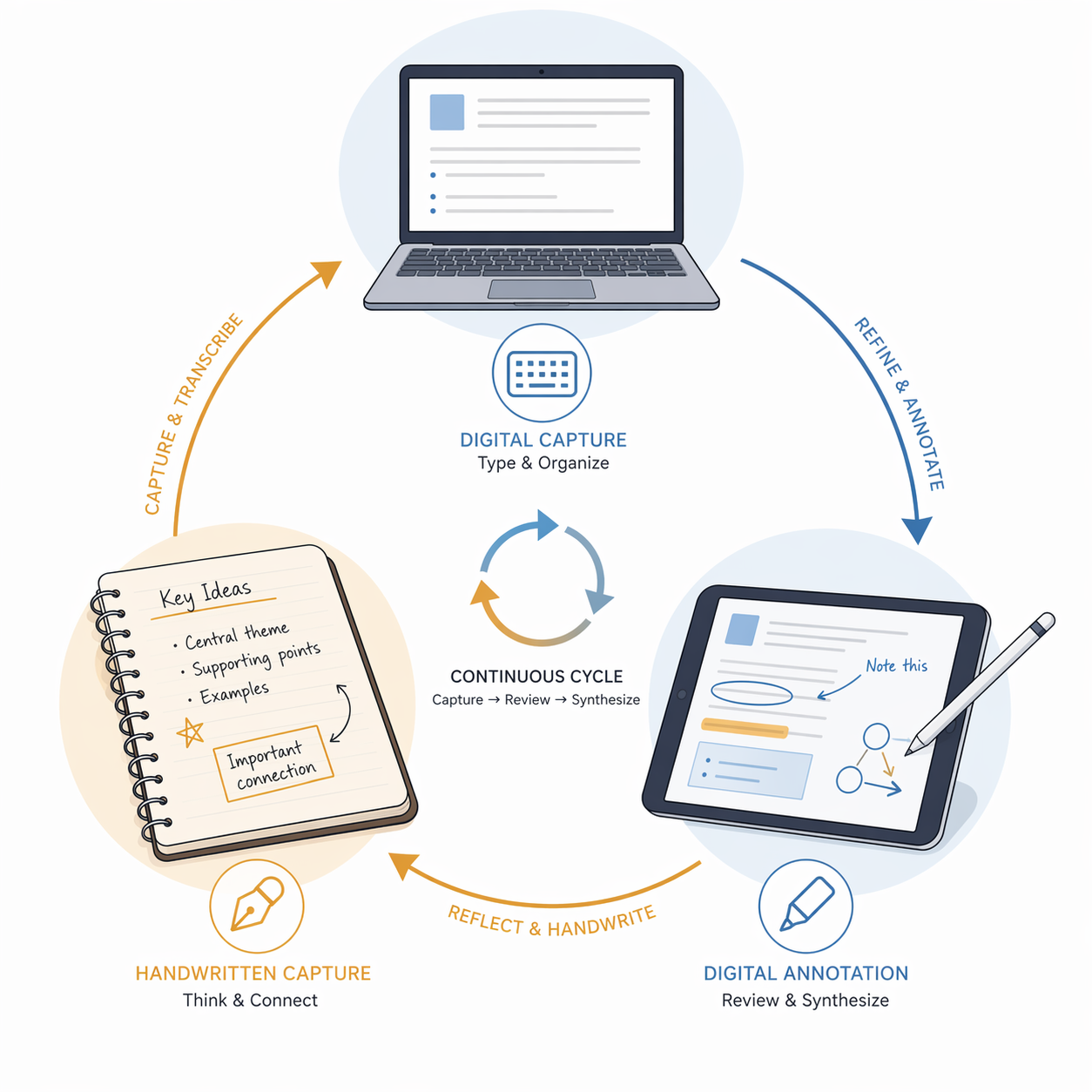A circular workflow illustration with three connected nodes arranged in a triangle: a laptop icon at the top, an open notebook with handwritten lines at the bottom left, and a tablet with stylus at the bottom right, connected by curved arrows showing the flow between digital typing, handwriting, and digital annotation in blue and amber tones.