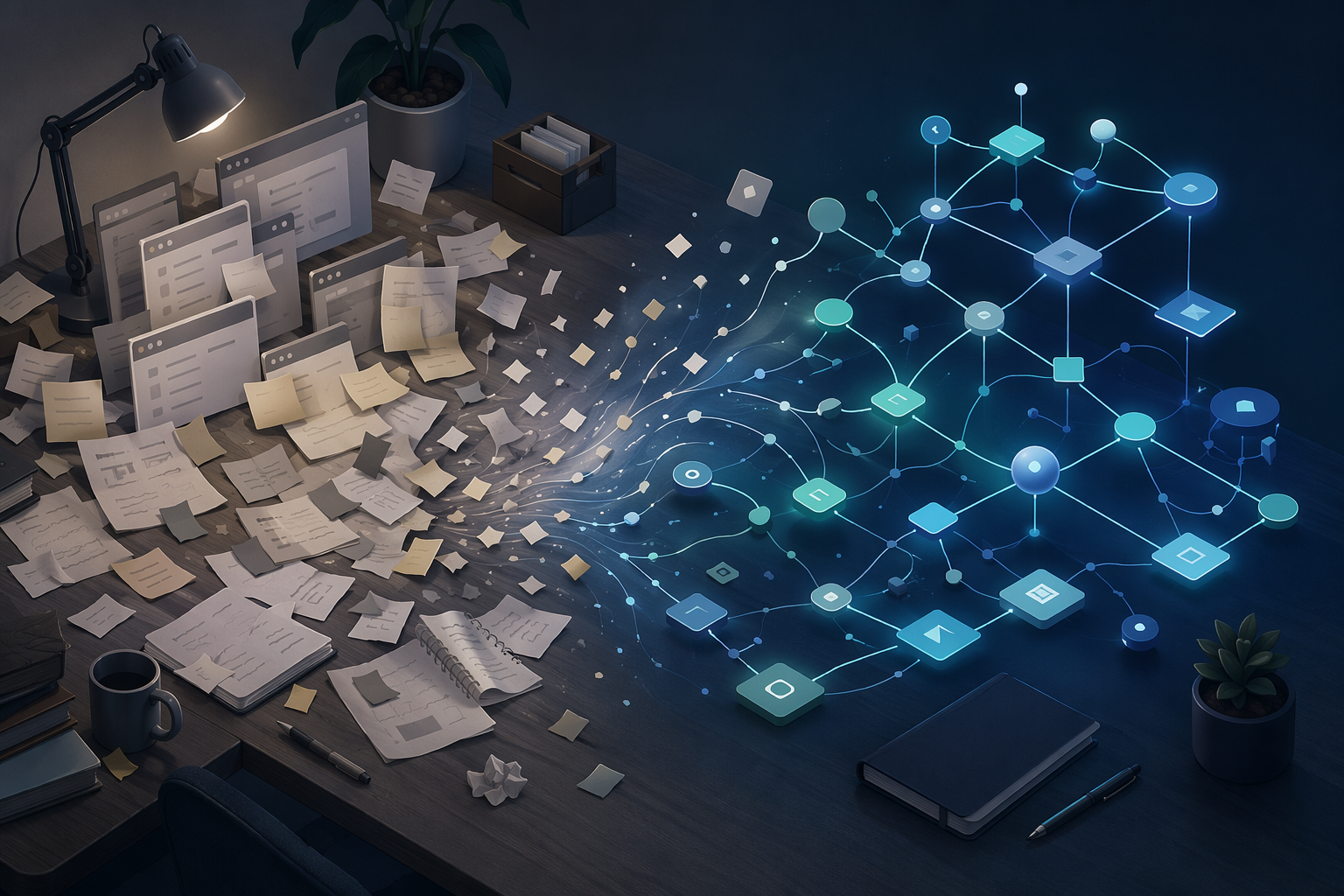 A workspace split left and right: left side shows scattered papers and browser tabs in disarray; right side shows a glowing organized network of interconnected nodes rising from the desk.