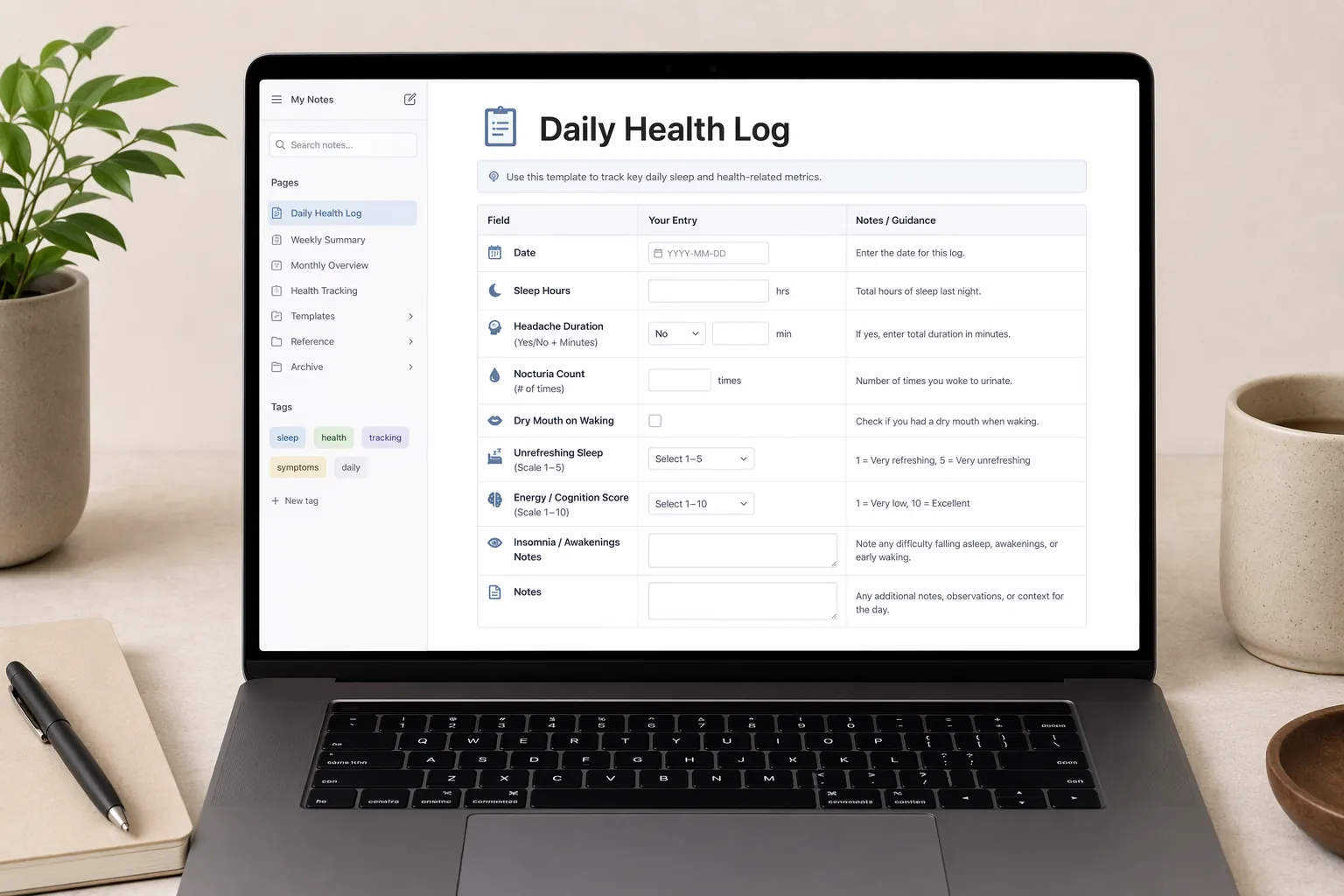 Structured daily health tracking template with sleep hours, headache duration, nocturia count, dry mouth, unrefreshing sleep, energy score, cognition score, and notes