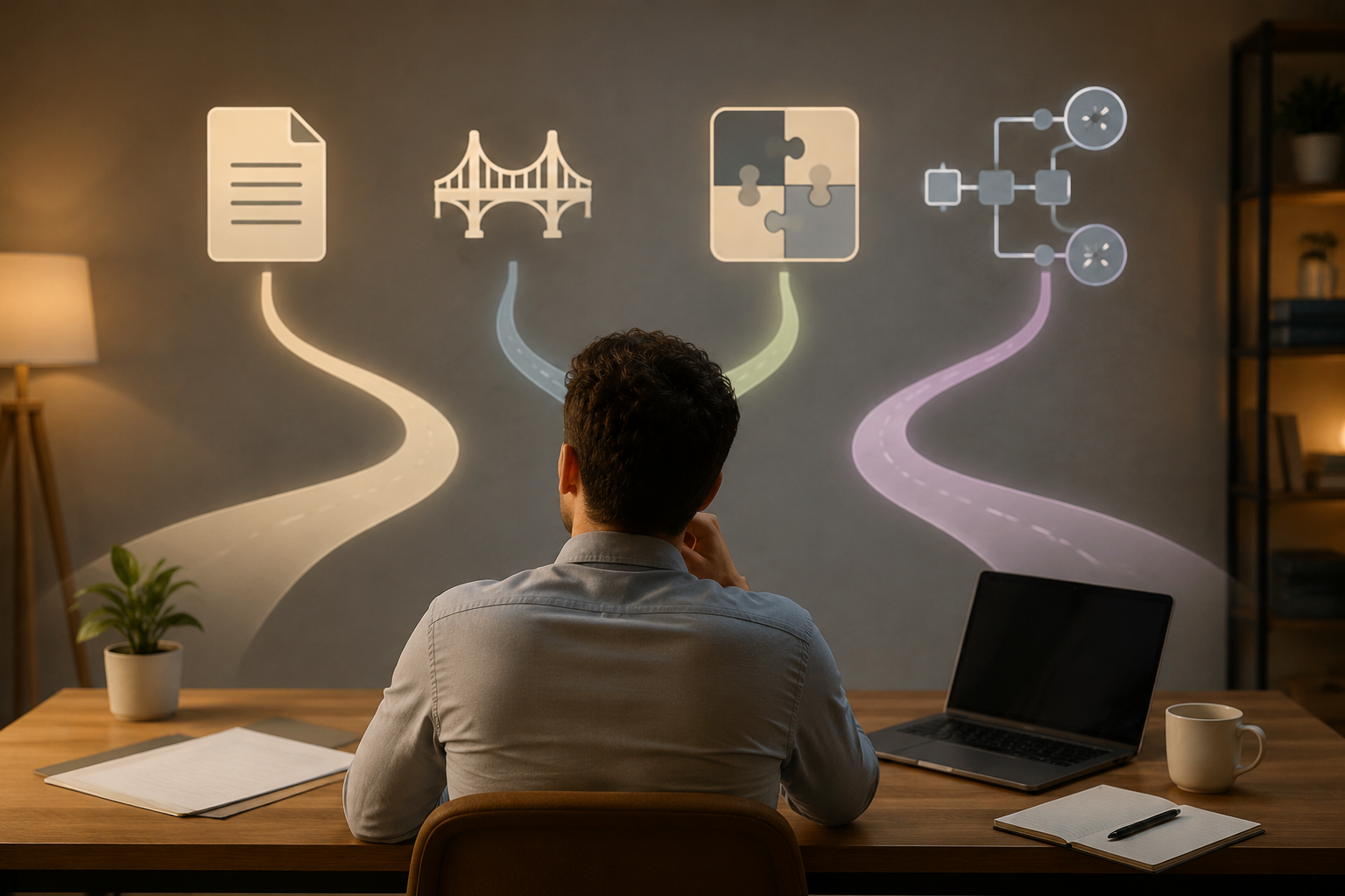 Person at a desk considering four branching workflow automation paths