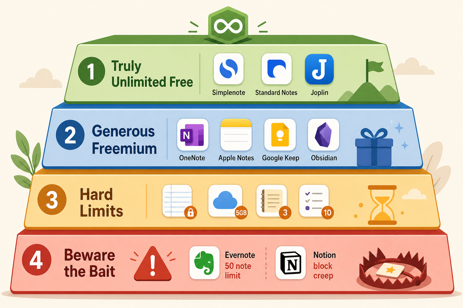 A flat vector illustration showing four vertical tier levels stacked like a staircase. The top tier is green with app icons for Simplenote, Standard Notes, and Joplin. The second tier is blue with icons for OneNote, Apple Notes, Google Keep, and Obsidian. The third tier is amber with small capped icons. The bottom tier is red with a warning symbol and icons representing Evernote's 50-note limit and Notion's block creep.